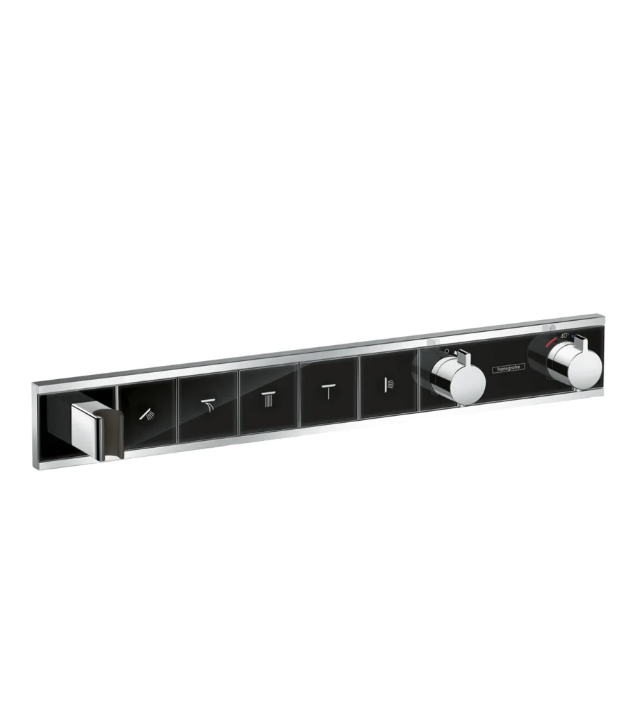 Hansgrohe RainSelect Thermostat Unterputz, 5 Verbraucher, schwarz/chrom, mit integriertem Brausehalter und Tasten für Handbrause, Schwall, Rain groß, MonoRain, Seitenbrause