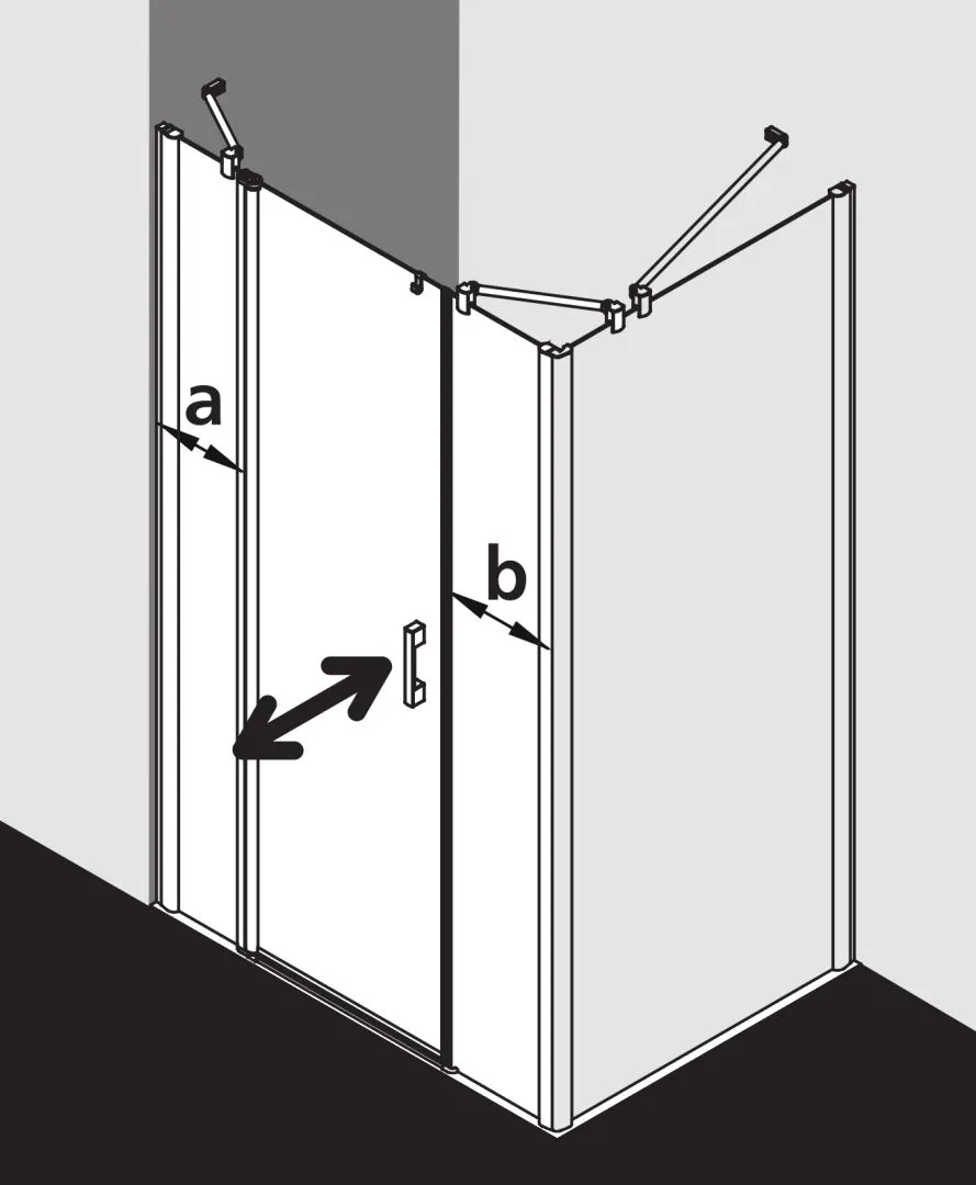 Kermi Duschtür Pendeltür 1-flügelig links mit Festfeldern für Nische und Ecke „PEGA“ Glas Klar, Profile Silber Hochglanz, BV: 950 - 1000 mm GAK: 950 - 975 mm WE: 950 - 1000 mm H: 1850 mm