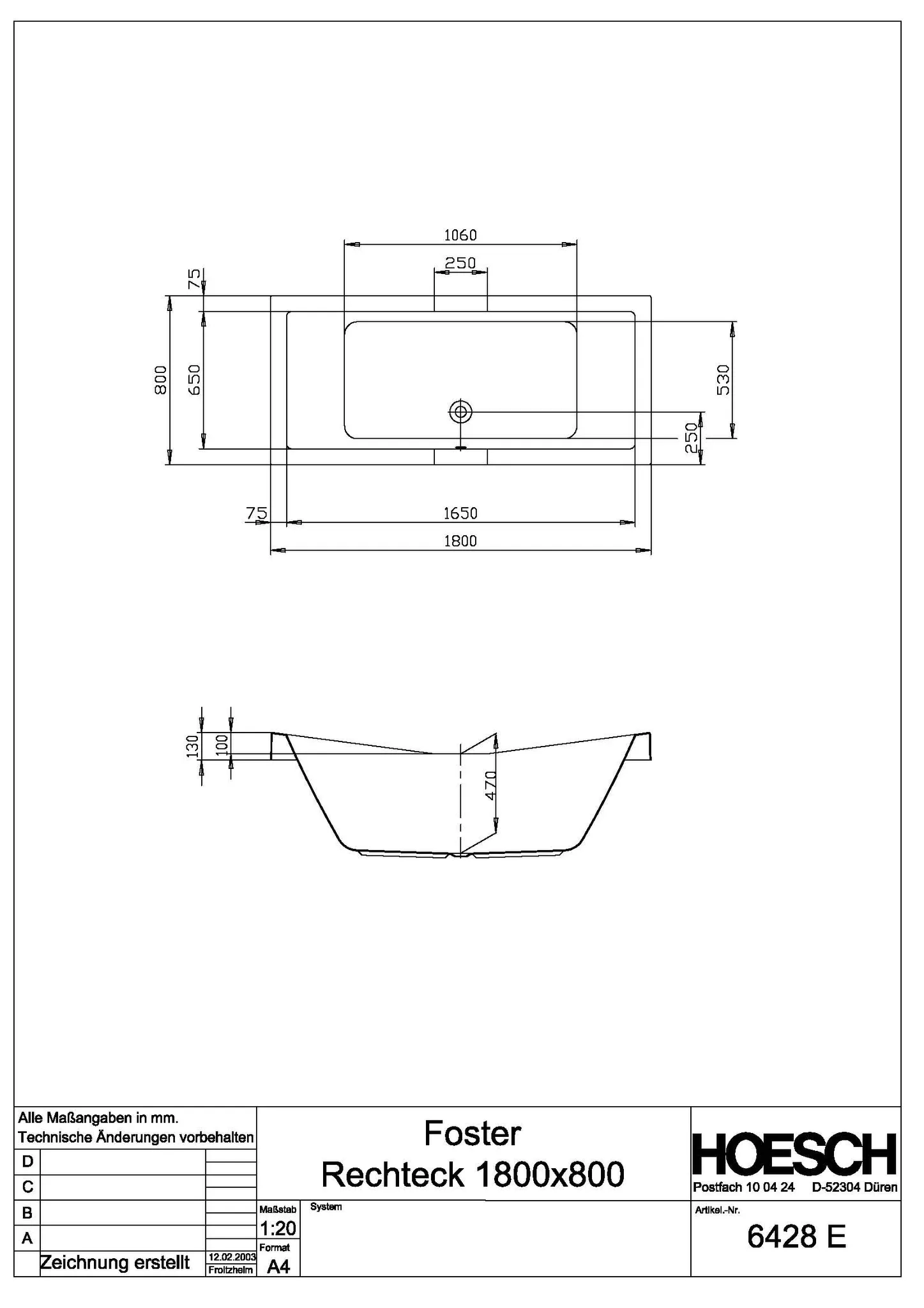 Hoesch Badewanne „Foster“ rechteck 180 × 80 cm in Weiß