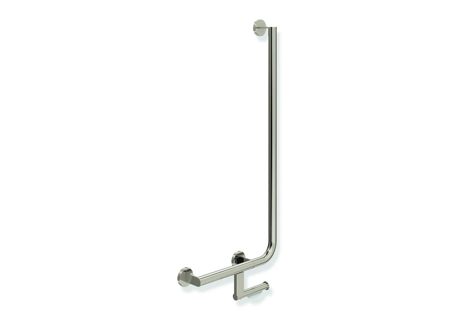 HEWI Winkelgriff System 900 mit WC-Papierrollenhalter, Edelstahl PVD nickelglänzend, Ausführung links, waagerechte Länge 400 mm, senkrechte Länge 900 mm, Durchmesser 32 mm