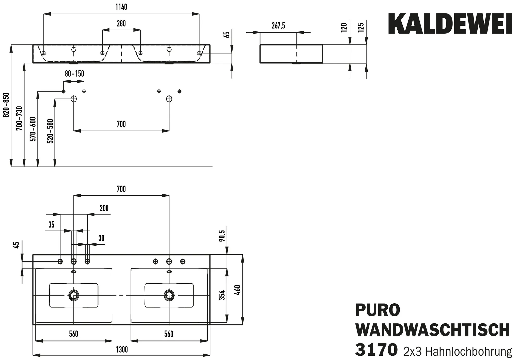 Doppelwaschtisch „Puro“ 130 × 46 cm in alpinweiß, mit Perl-Effekt Doppelwaschtisch „Puro“ 130 × 46 cm in alpinweiß, mit Perl-Effekt