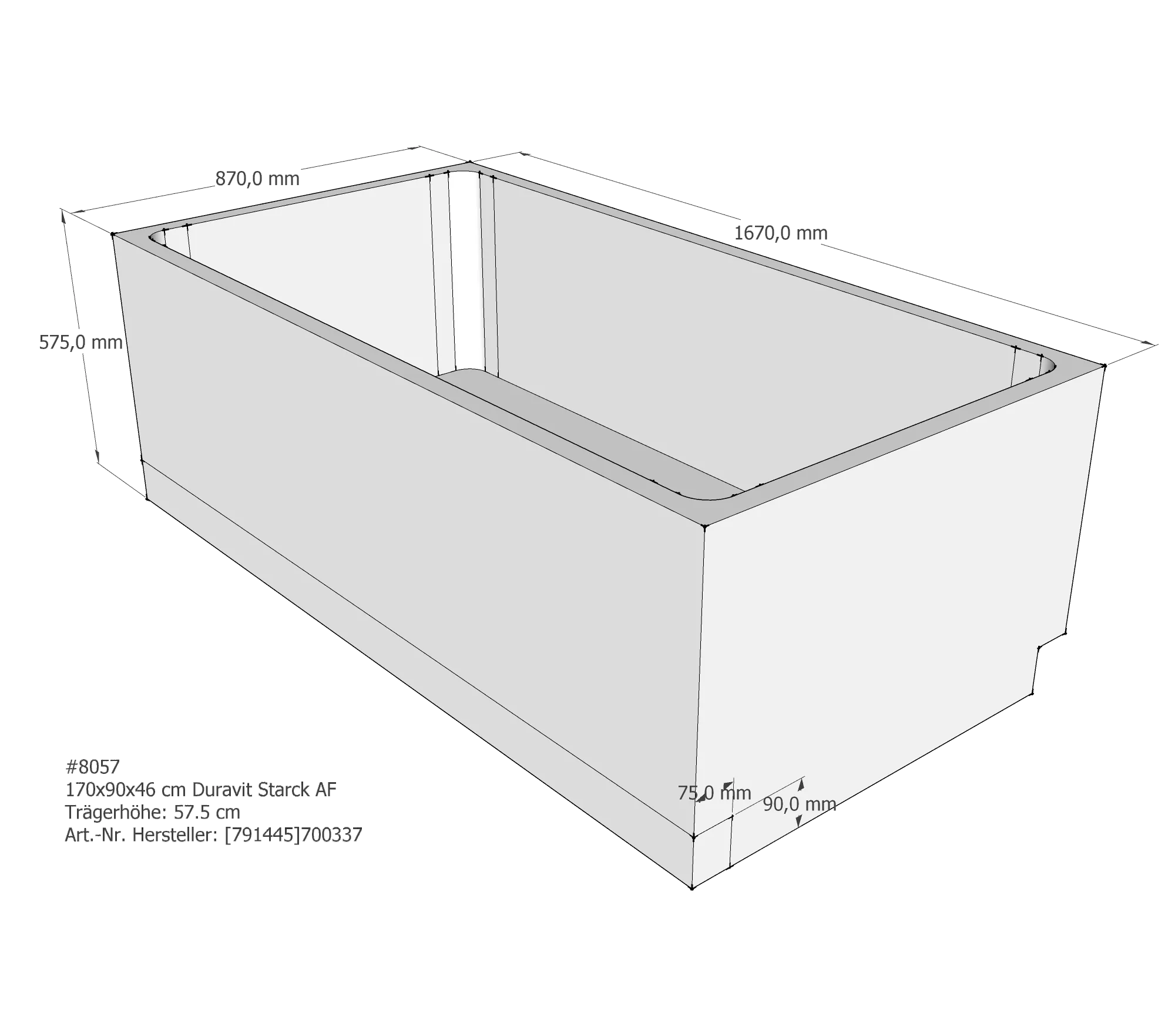 Badewannenträger passend für Duravit Starck 170 × 90 × 46 cm