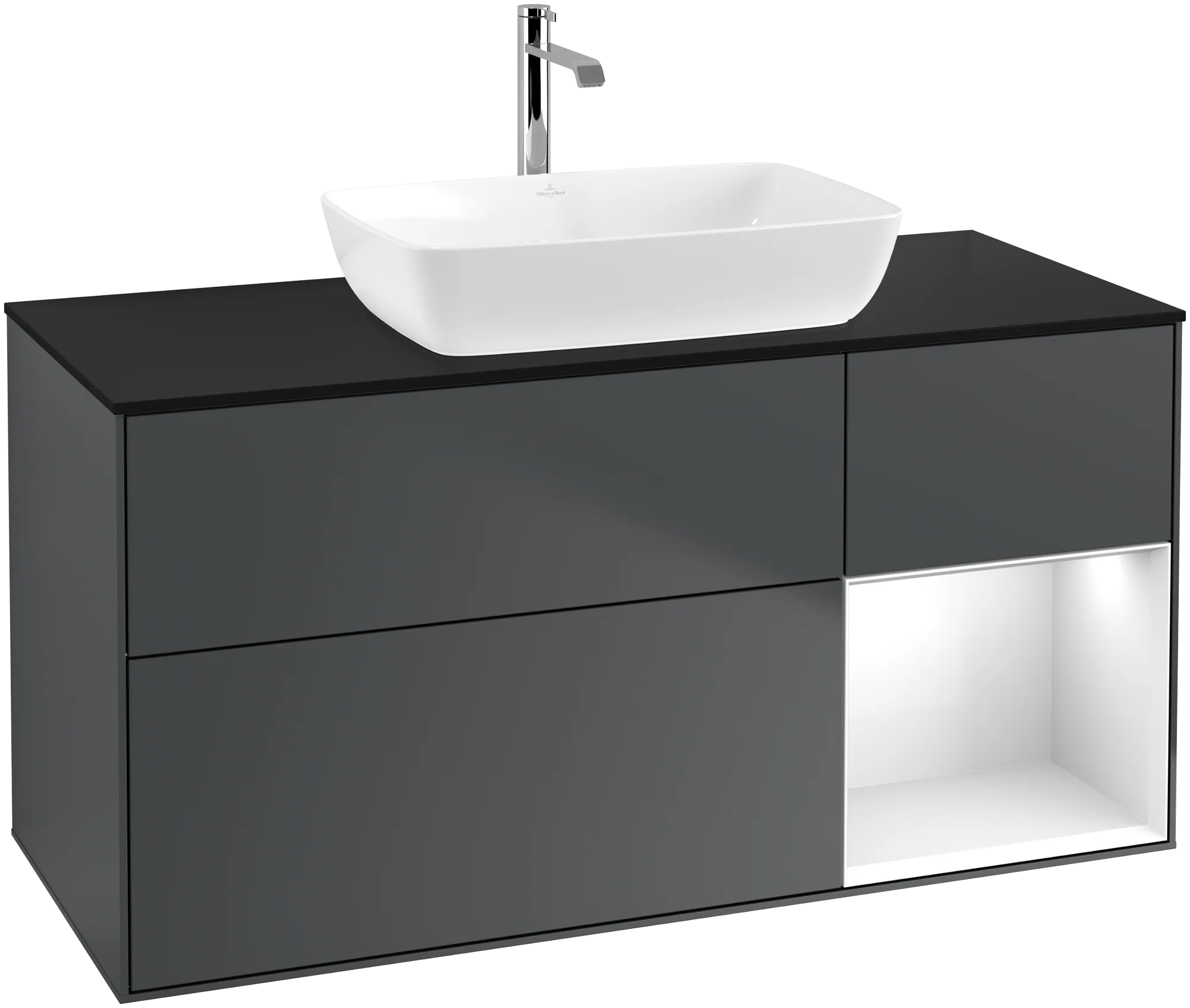 Villeroy & Boch Waschbeckenunterschrank Finion F83, 1200x603x501mm, mit Beleuchtung, Midnight Blue Matt Lacquer / Glossy White Lacquer / Glass Black
