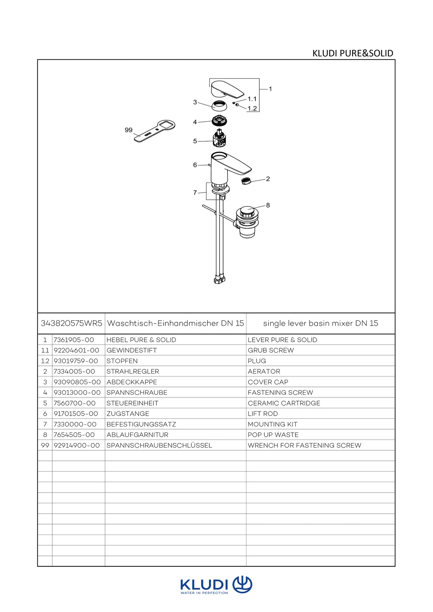 Waschtischarmatur „KLUDI PURE&SOLID“ Ausladung 100 mm Waschtischarmatur „KLUDI PURE&SOLID“ Ausladung 100 mm
