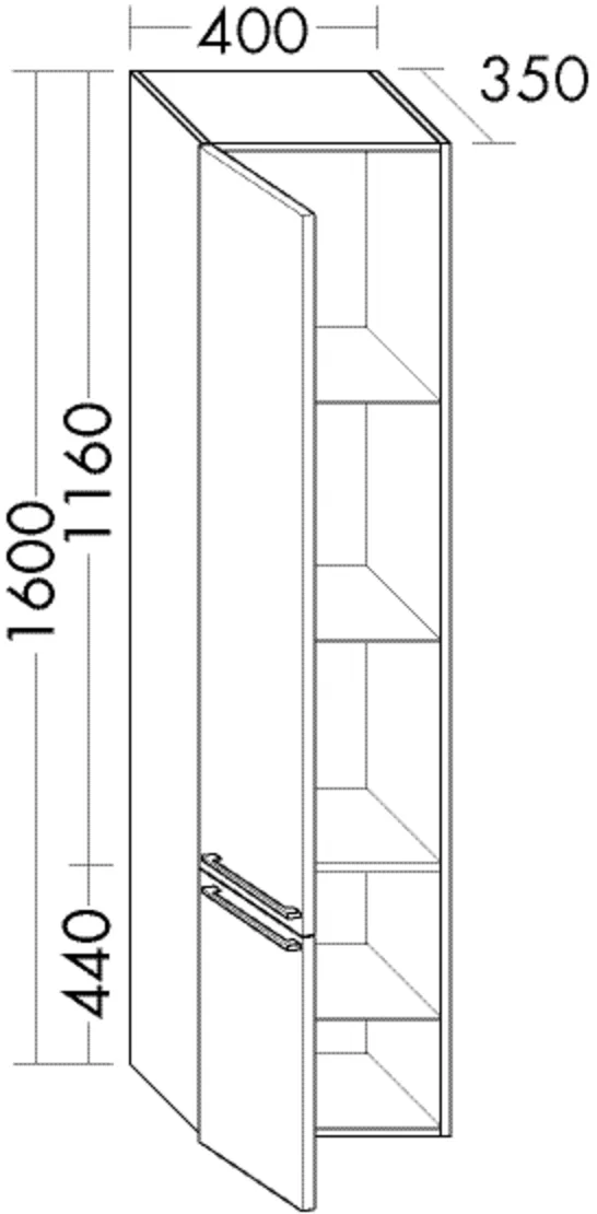 Hochschrank, 2 Türen;3 Glaseinlegeböden;1 fester Boden, Tiefe: 350 mm, Breite: 400 mm, Höhe: 1600 mm