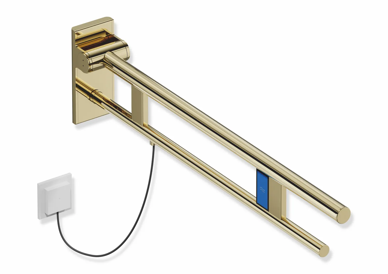 Stützklappgriff Duo, Design A des Systems 900, Edelstahl, PVD, Ausladung 850 mm, mit Spülauslösung (E-Ausführung), Ausführung links, in Farbe CK (Messing glänzend) Stützklappgriff Duo, Design A des Systems 900, Edelstahl, PVD, Ausladung 850 mm, mit Spülauslösung (E-Ausführung), Ausführung links, in Farbe CK (Messing glänzend)