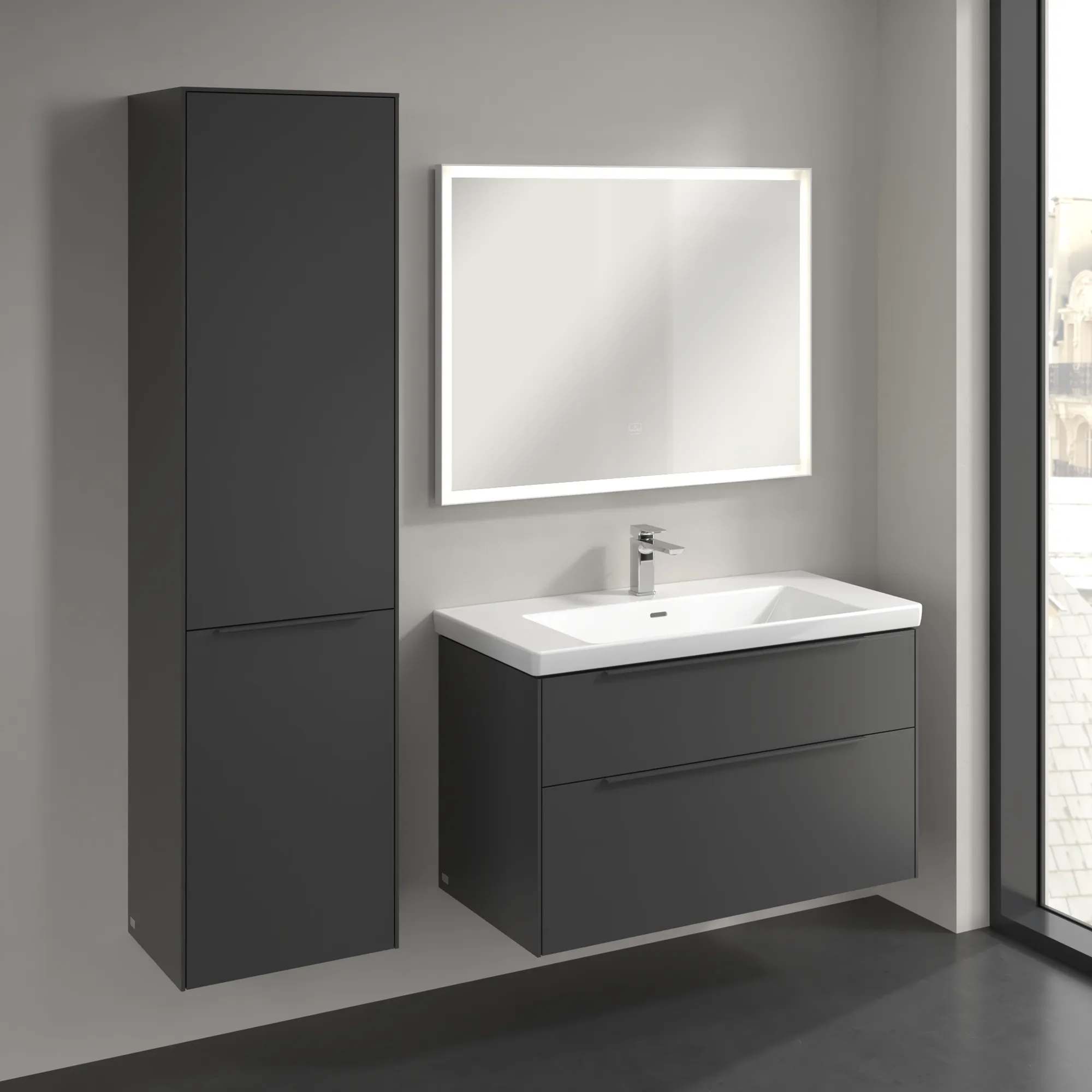 Villeroy & Boch Hochschrank mit Wäschekorb-Klappe „Subway 3.0“ 45 × 171 × 36,2 × 36,2 cm 1 Tür, 1 Wäscheklappe, 1 × fixer Fachboden, Anschlag: links, 2 × Glasfachboden, 1 Tür, Anschlag links