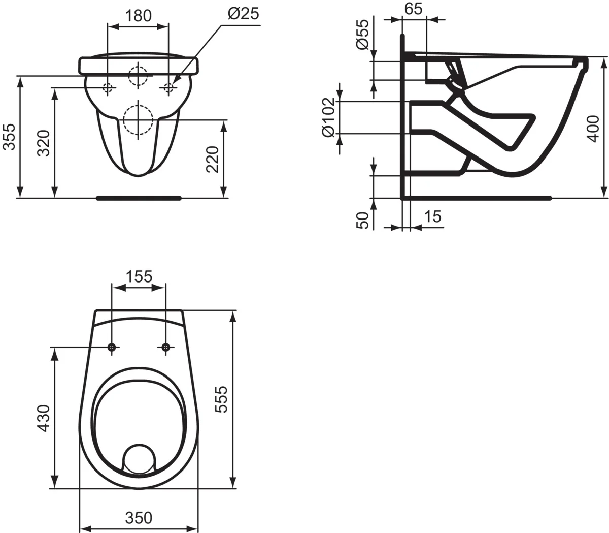 Ideal Standard Eurovit Wandflachspül-WC spülrandlos, horizontaler Ablauf, weiß Ideal Standard Eurovit Wandflachspül-WC spülrandlos, horizontaler Ablauf, weiß