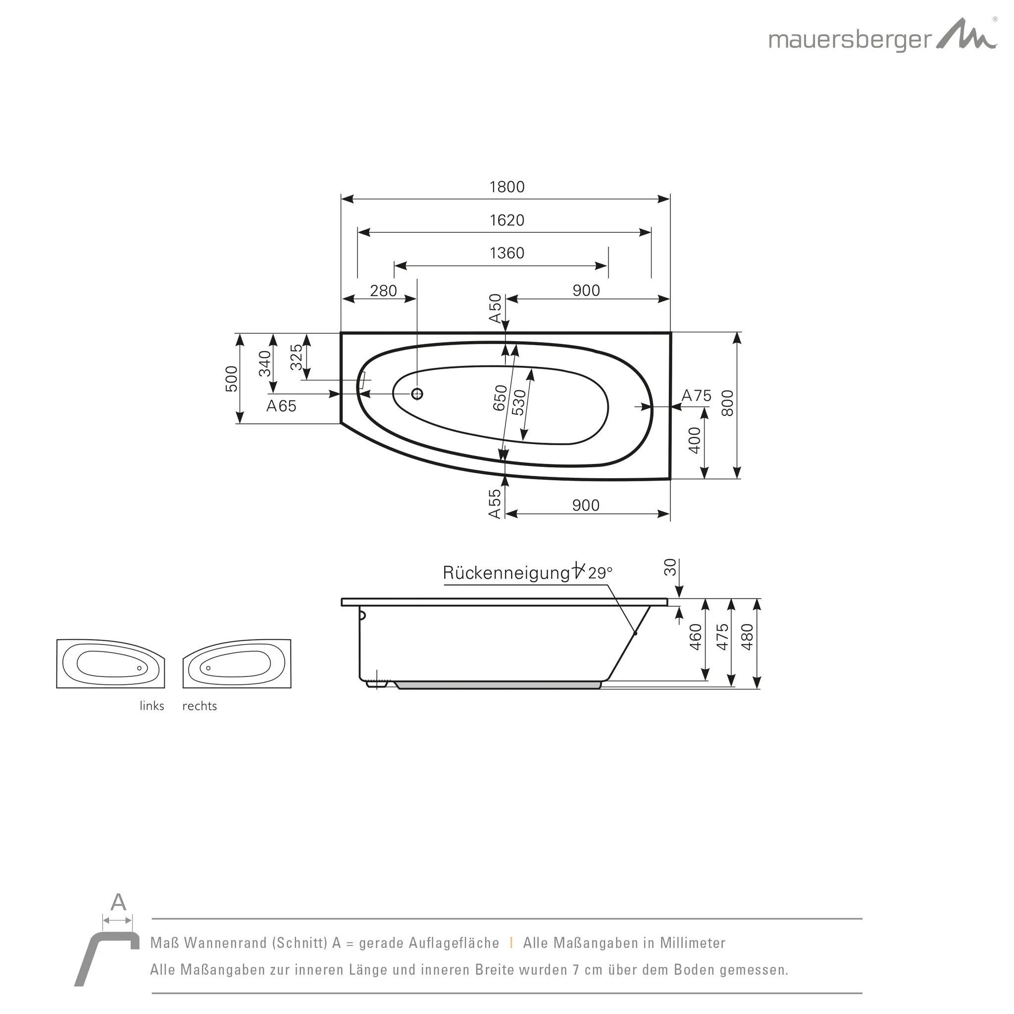 Mauersberger Acryl-Badewanne bombax 180⁄80 links, 1800x800x480, weiß