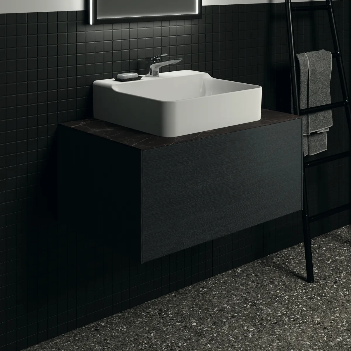 Waschtischplatte Conca, aus Keramik, 802x505x6mm, Marmor Noir Desir