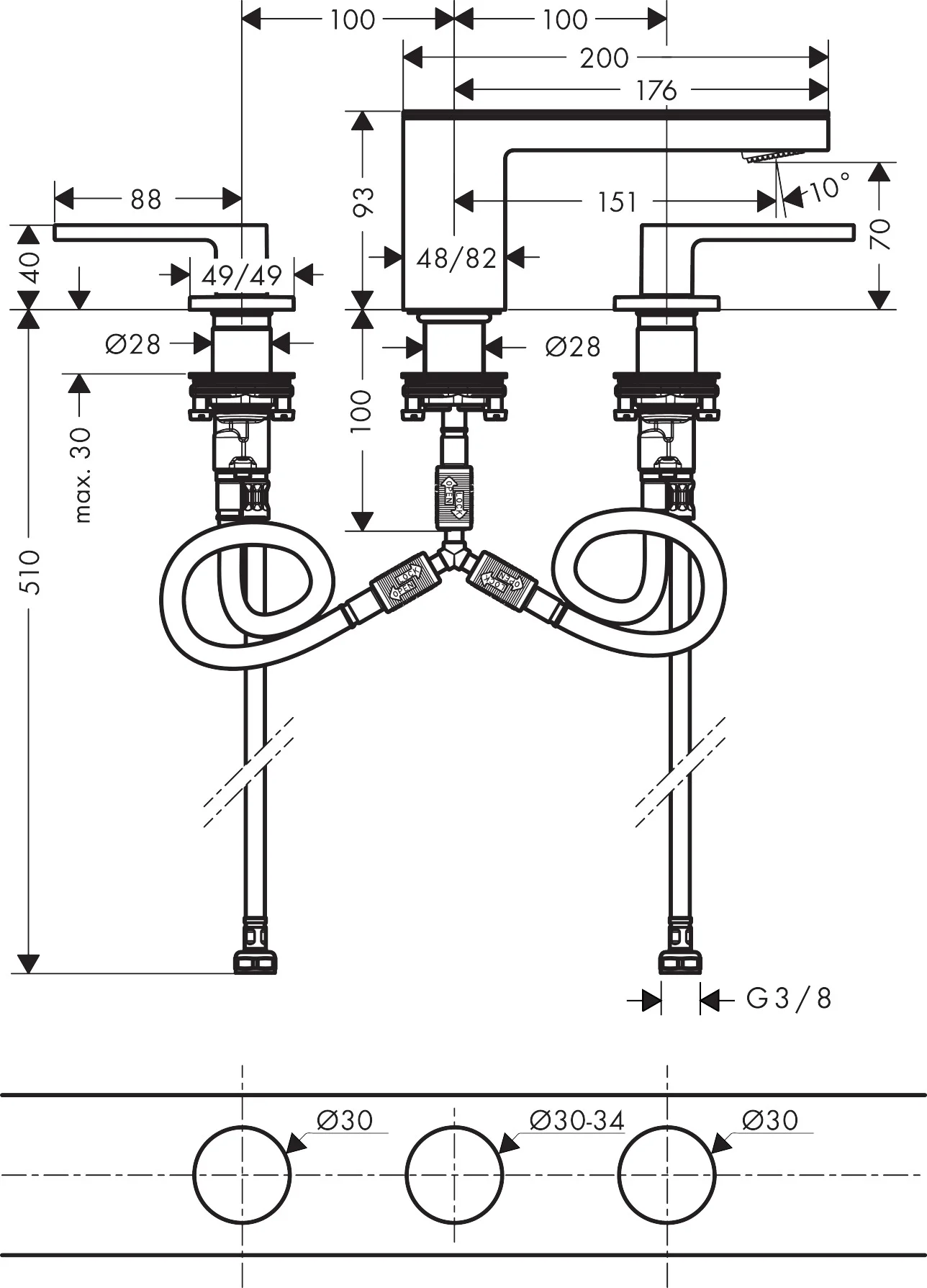 Hansgrohe AXOR MyEdition 3-Loch Waschtischarmatur schwarz/chrom, Ausladung 151 mm, Auslaufhöhe 70 mm, Hebelgriff, PowderRain Strahlart