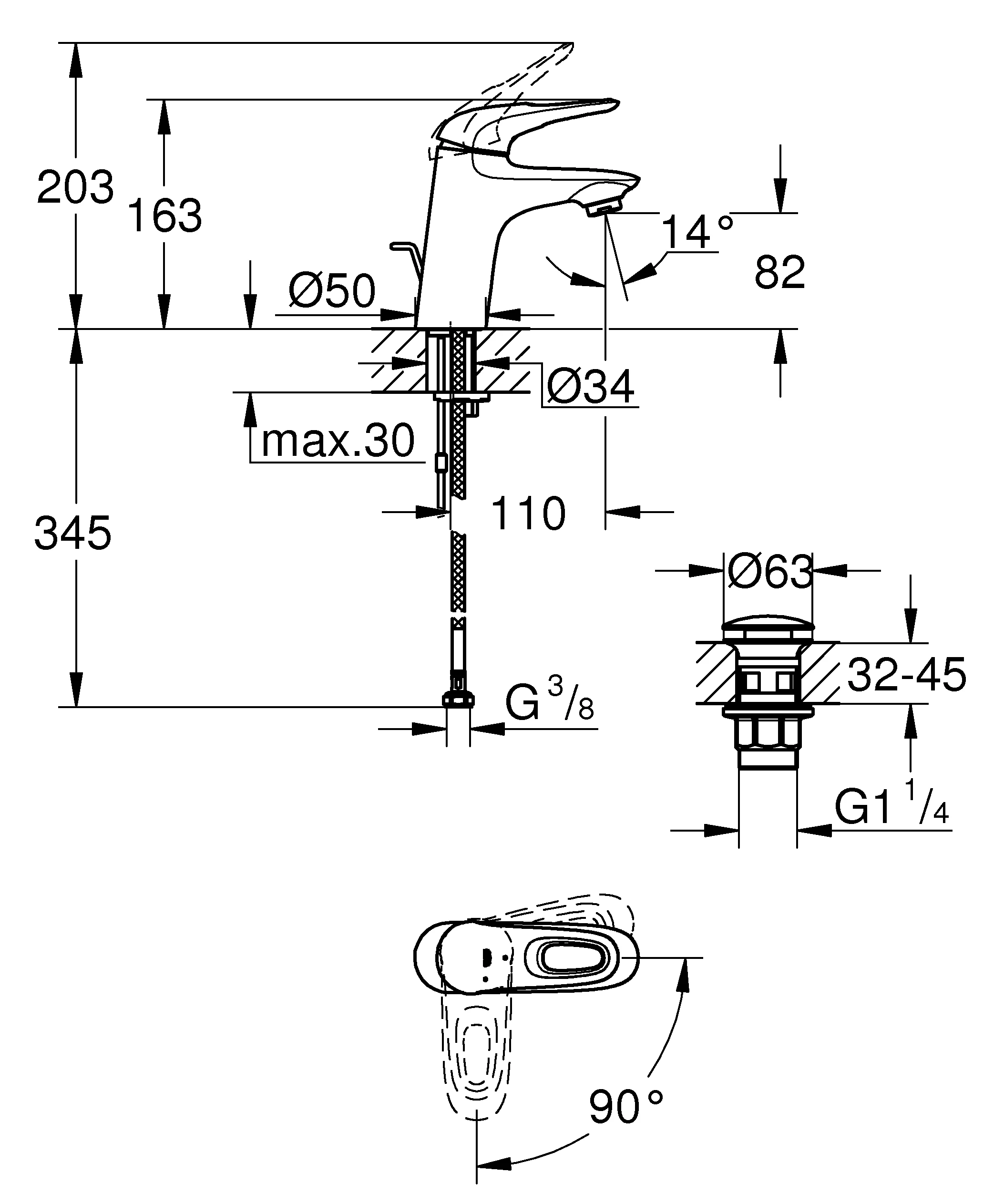 Einhand-Waschtischbatterie Eurostyle 23930_3, S-Size, Einlochmontage, Energie-Spar-Funktion Mittelstellung kalt, glatter Körper, Push-open Ablaufgarnitur 1 1/4″, offener Metall-Hebelgriff, chrom