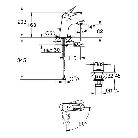 Einhand-Waschtischbatterie Eurostyle 23930_3, S-Size, Einlochmontage, Energie-Spar-Funktion Mittelstellung kalt, glatter Körper, Push-open Ablaufgarnitur 1 1/4″, offener Metall-Hebelgriff, chrom Einhand-Waschtischbatterie Eurostyle 23930_3, S-Size, Einlochmontage, Energie-Spar-Funktion Mittelstellung kalt, glatter Körper, Push-open Ablaufgarnitur 1 1/4″, offener Metall-Hebelgriff, chrom