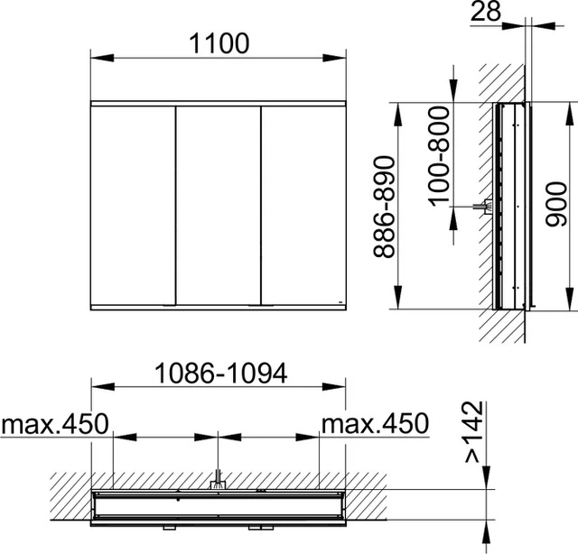 KEUCO Wandeinbau Spiegelschrank 3-türig „Royal Modular 2.0“ in Silber (eloxiert), Unterputz, mit Beleuchtung, mit Steckdose 1100 × 900 × 160 mm