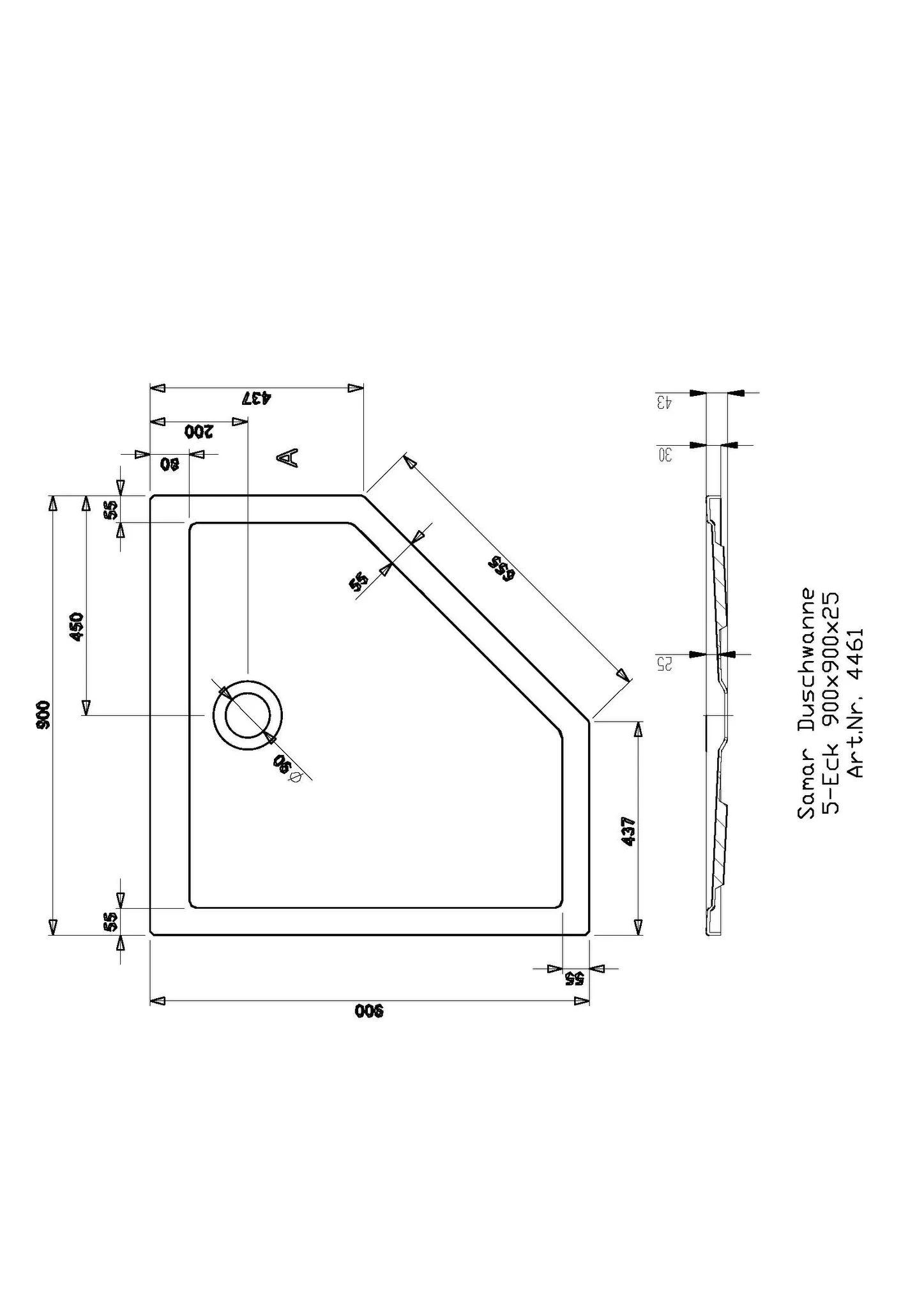 Hoesch fünfeck Duschwanne „Samar“ 900 × 900 mm