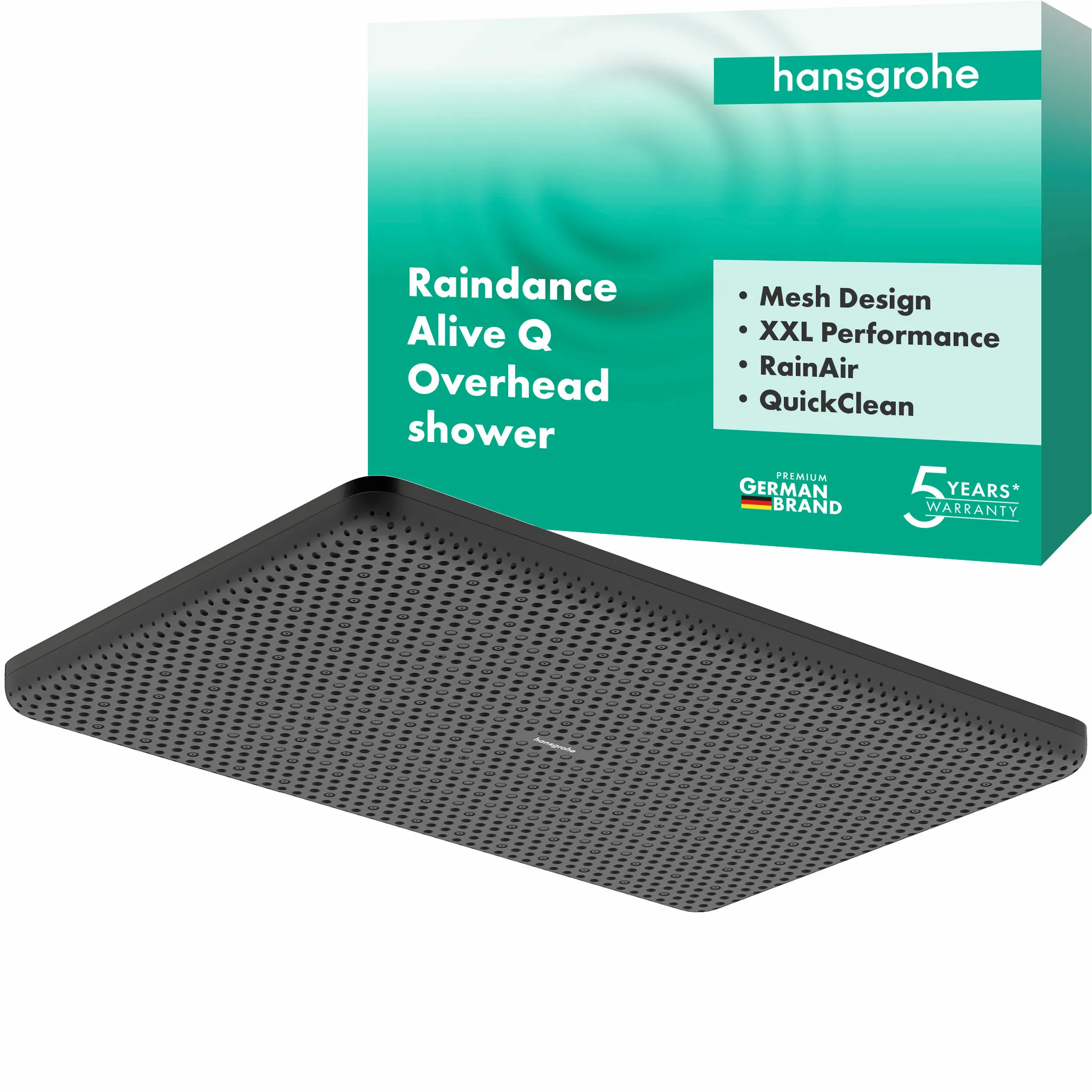 Hansgrohe Raindance Alive Q Kopfbrause, Brushed Black Chrome, 214 x 343 mm, 1-Jet, verstellbarer Winkel, DropGuard, G 1/2