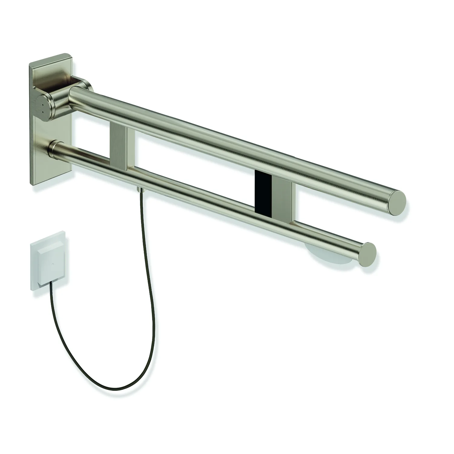 HEWI Stützklappgriff Duo Design A, Edelstahl PVD, Ausladung 750 mm, WC-Papierhalter, Spülauslösung, links