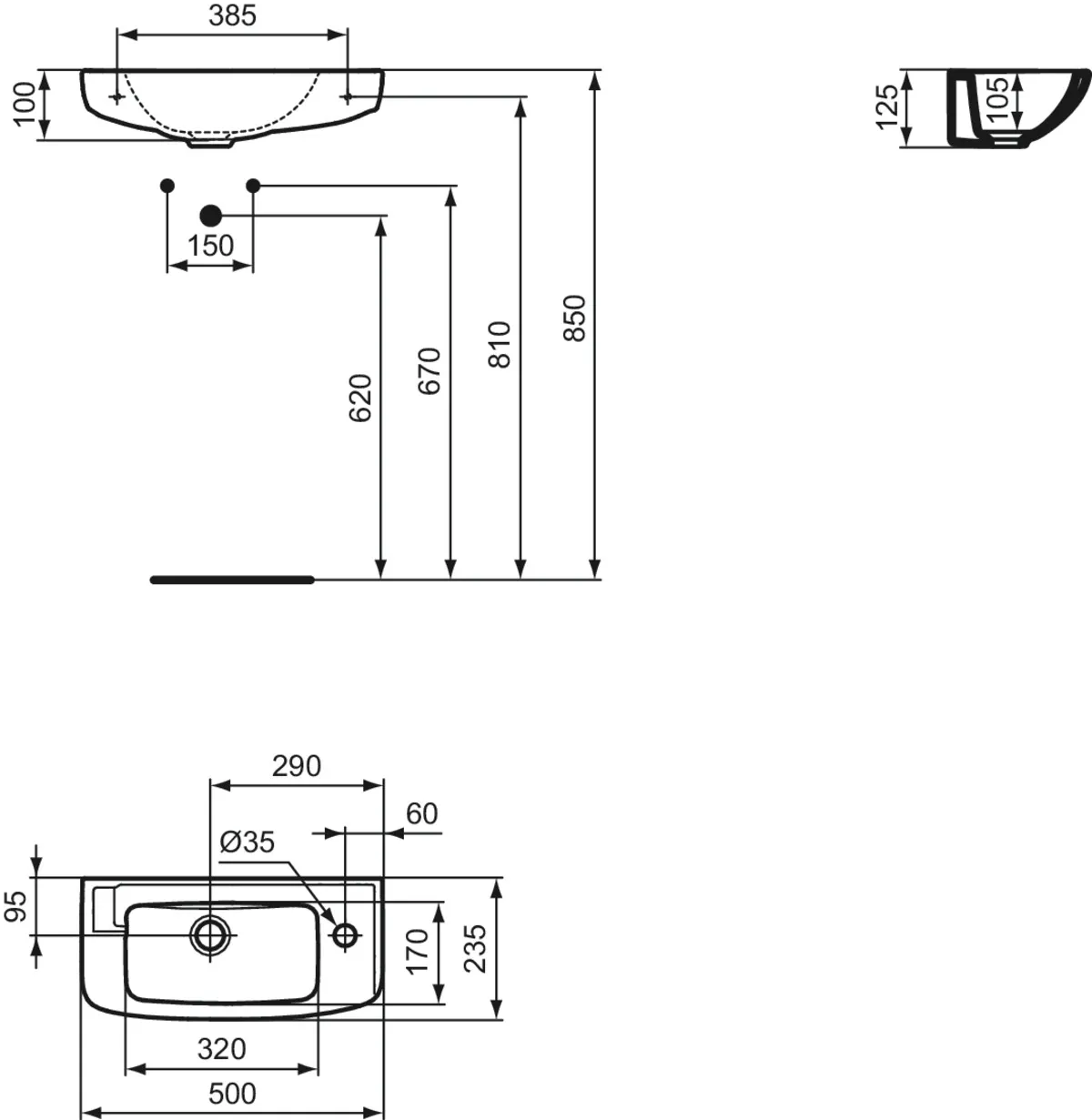 Waschbecken „Eurovit“ 50 × 23,5 × 12,5 cm, Hahnlochposition rechts Waschbecken „Eurovit“ 50 × 23,5 × 12,5 cm, Hahnlochposition rechts