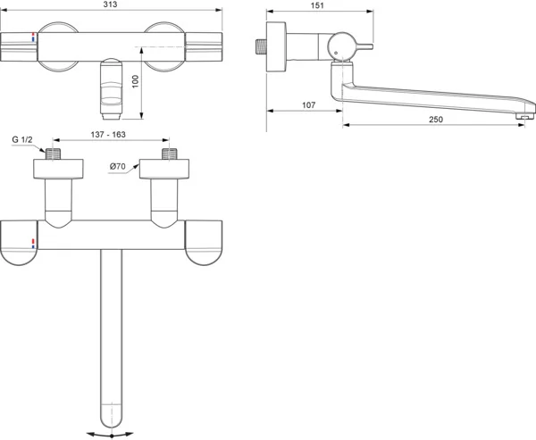 Ideal Standard Ceraplus Safe Wand-Waschtischthermostat Chrom, Ausladung 380 mm, thermische Desinfektion und absperrbare S-Anschlüsse