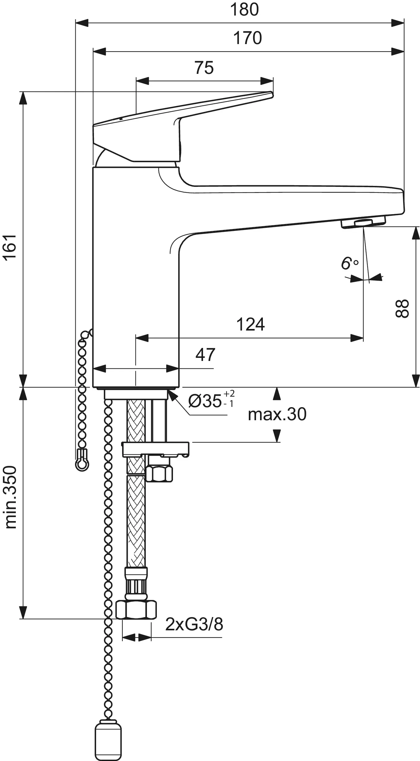 Ideal Standard Waschtischarmatur Ceraplan H90 mit Kette ohne Ablaufgarnitur Ausladung 124mm Chrom Ideal Standard Waschtischarmatur Ceraplan H90 mit Kette ohne Ablaufgarnitur Ausladung 124mm Chrom