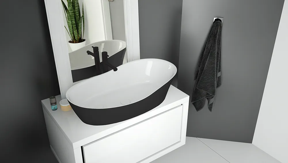 Aufsatzwaschtisch „Namur Lounge“, ohne Überlauf, ohne Hahnlochbohrung 60 × 35 cm in Weiß-Schwarz Aufsatzwaschtisch „Namur Lounge“, ohne Überlauf, ohne Hahnlochbohrung 60 × 35 cm in Weiß-Schwarz