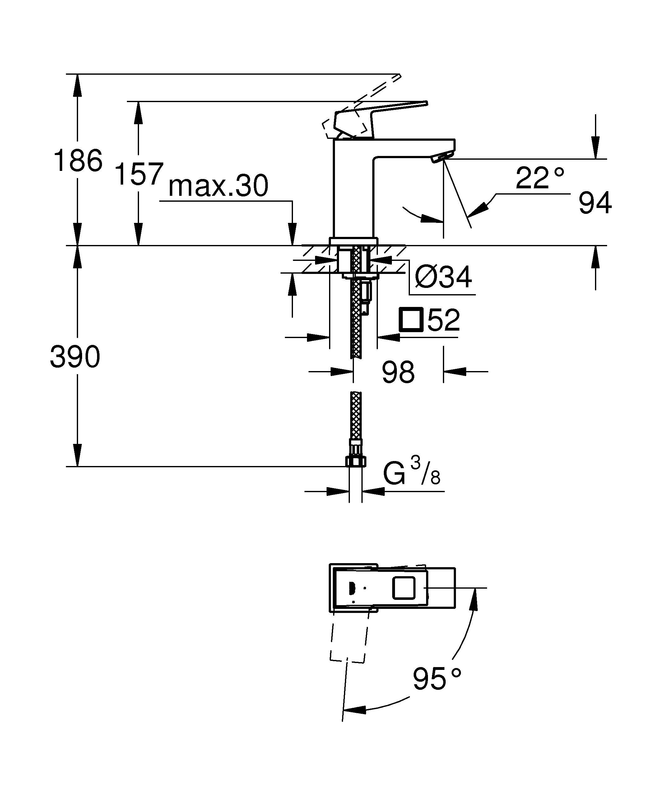 Einhand-Waschtischbatterie Eurocube 23392, S-Size, Einlochmontage, glatter Körper, Energie-Spar-Funktion Mittelstellung kalt, chrom