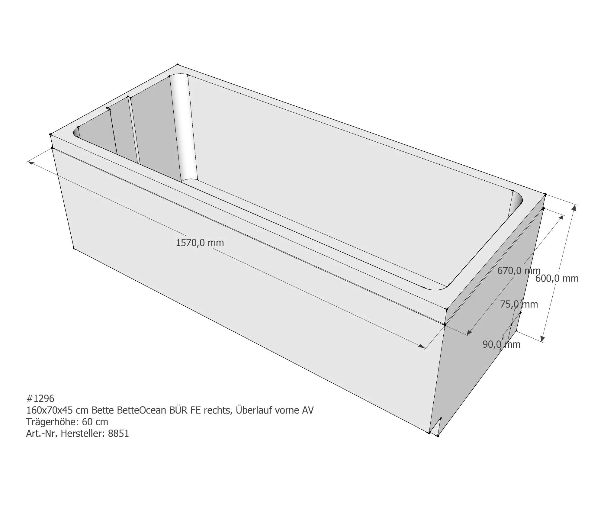 Badewannenträger für Bette Ocean 160 × 70 × 45 cm Ab- und Überlaufposition: vorn / Breite: 70 cm / Länge: 160 cm Badewannenträger für Bette Ocean 160 × 70 × 45 cm Ab- und Überlaufposition: vorn / Breite: 70 cm / Länge: 160 cm