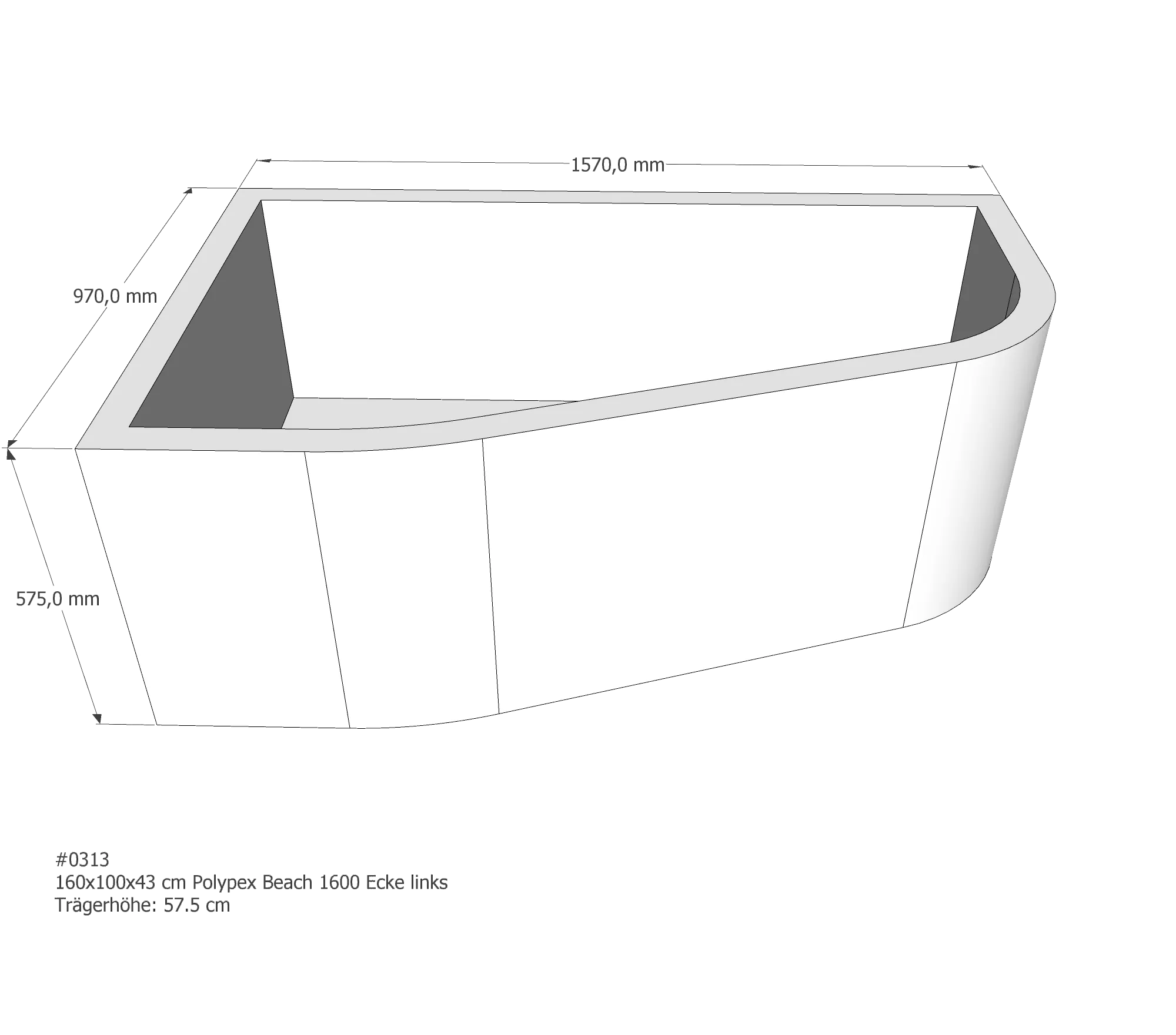 Badewannenträger passend für Polypex Beach 1600 Ecke links links 160 × 100 × 43 cm