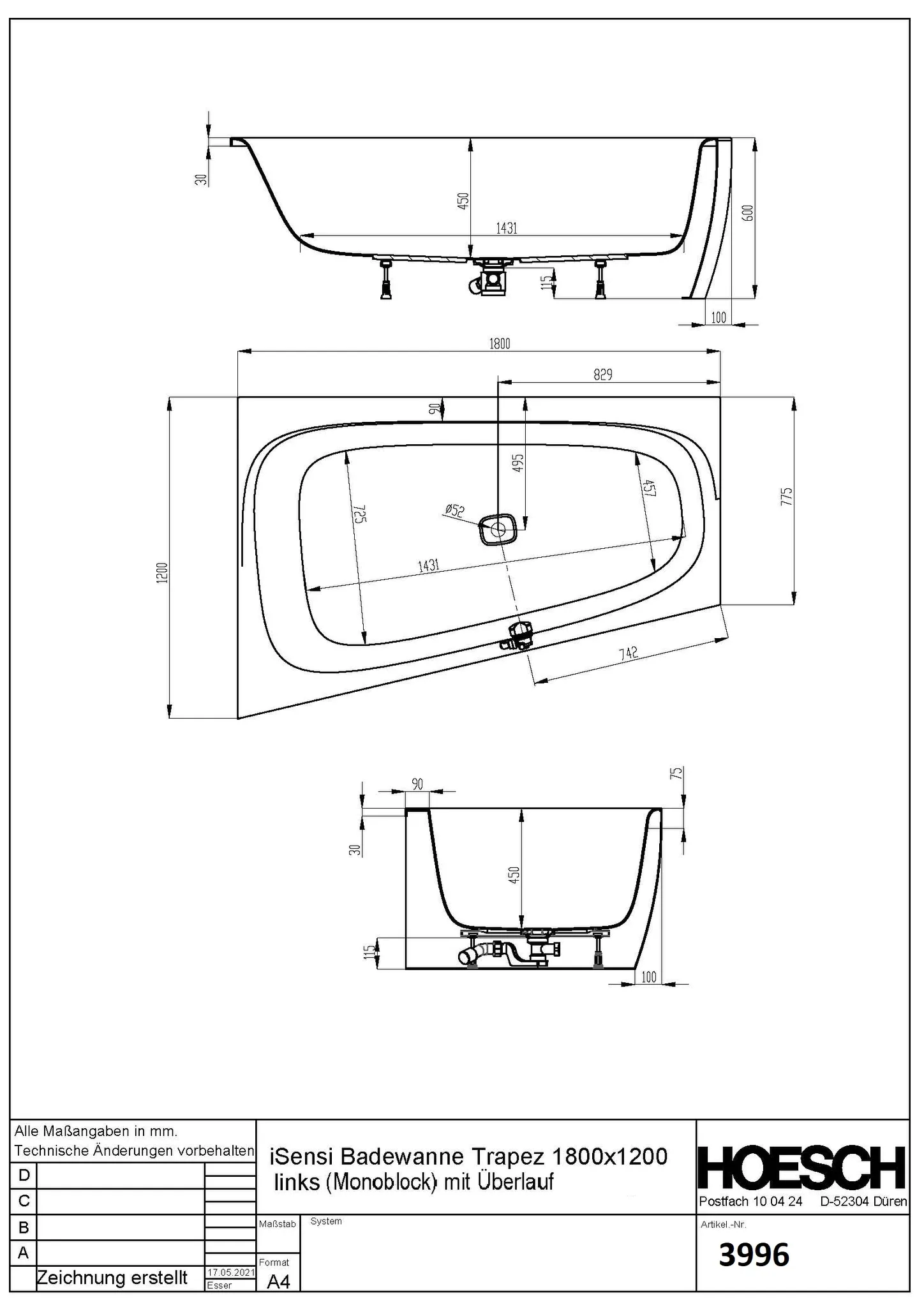 Hoesch Badewanne „iSensi“ Monolith trapez 180 × 120 cm, links in Weiß