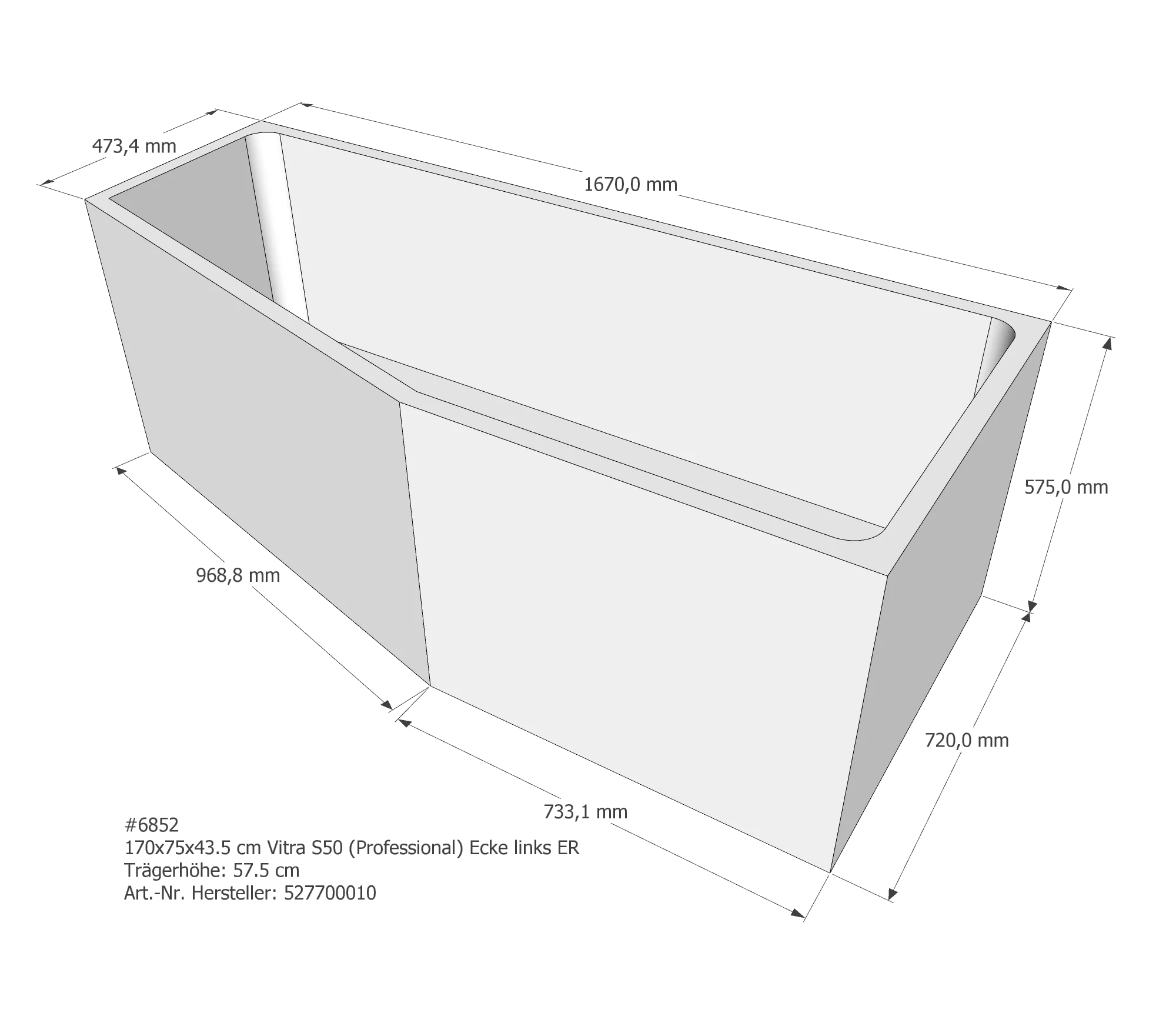Badewannenträger für VitrA Integra (S50 Raumsparwanne) Ecke links AF ER AF270 links 170 × 75 × 43,5 cm