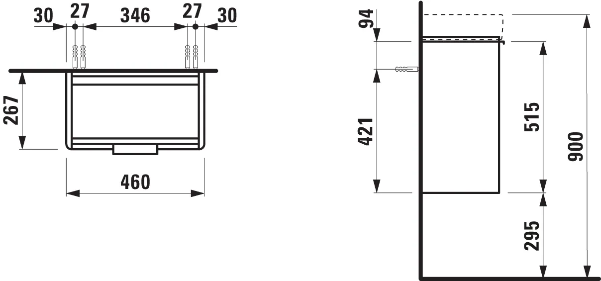 Waschtischunterbau BASE für PRO S 267x460x515 1 Tür Scharnier rechts mit Griff aluminium eloxiert für Waschtisch H815954 weiß matt Waschtischunterbau BASE für PRO S 267x460x515 1 Tür Scharnier rechts mit Griff aluminium eloxiert für Waschtisch H815954 weiß matt