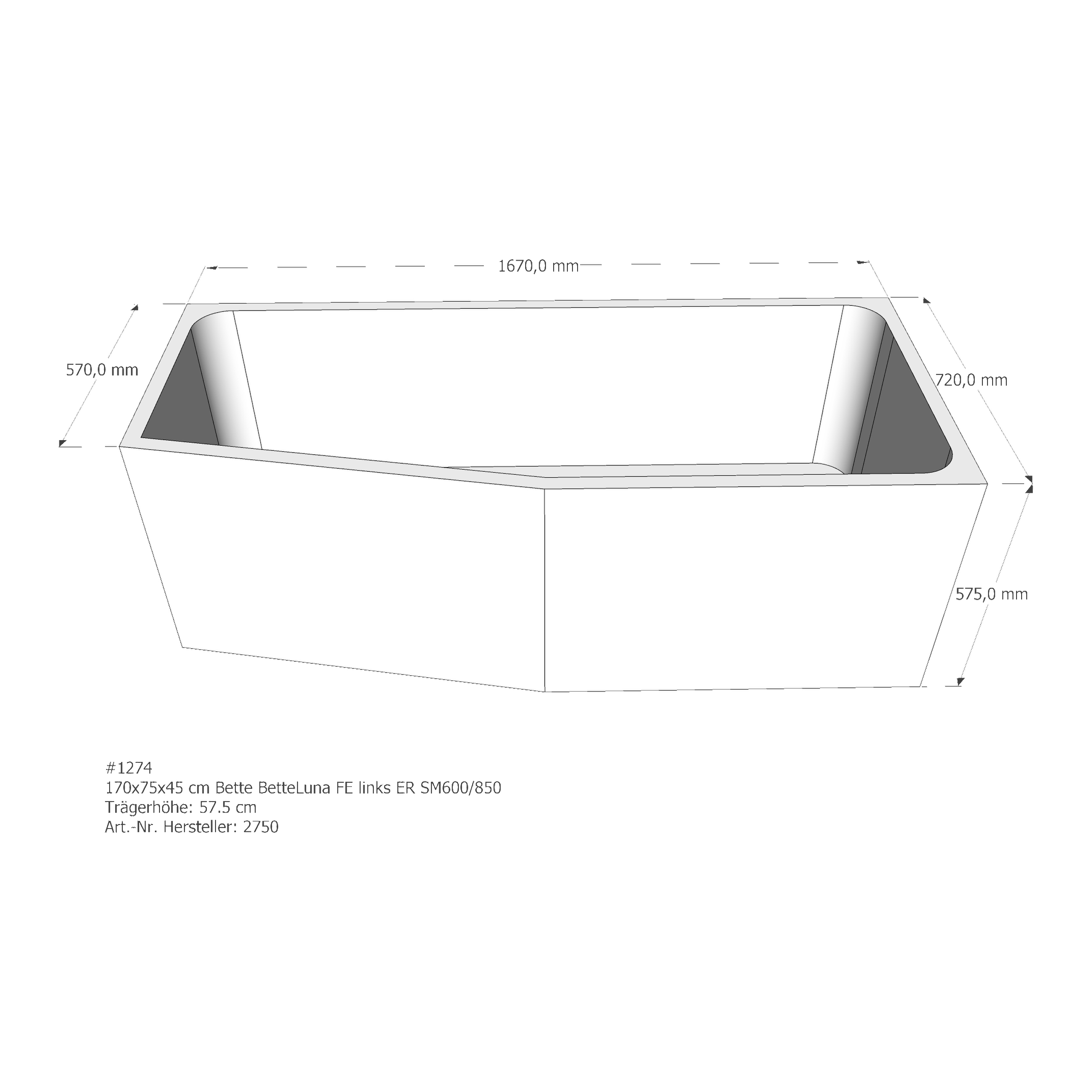 Badewannenträger für Bette Luna links links 170 × 75 × 45 cm Badewannenträger für Bette Luna links links 170 × 75 × 45 cm