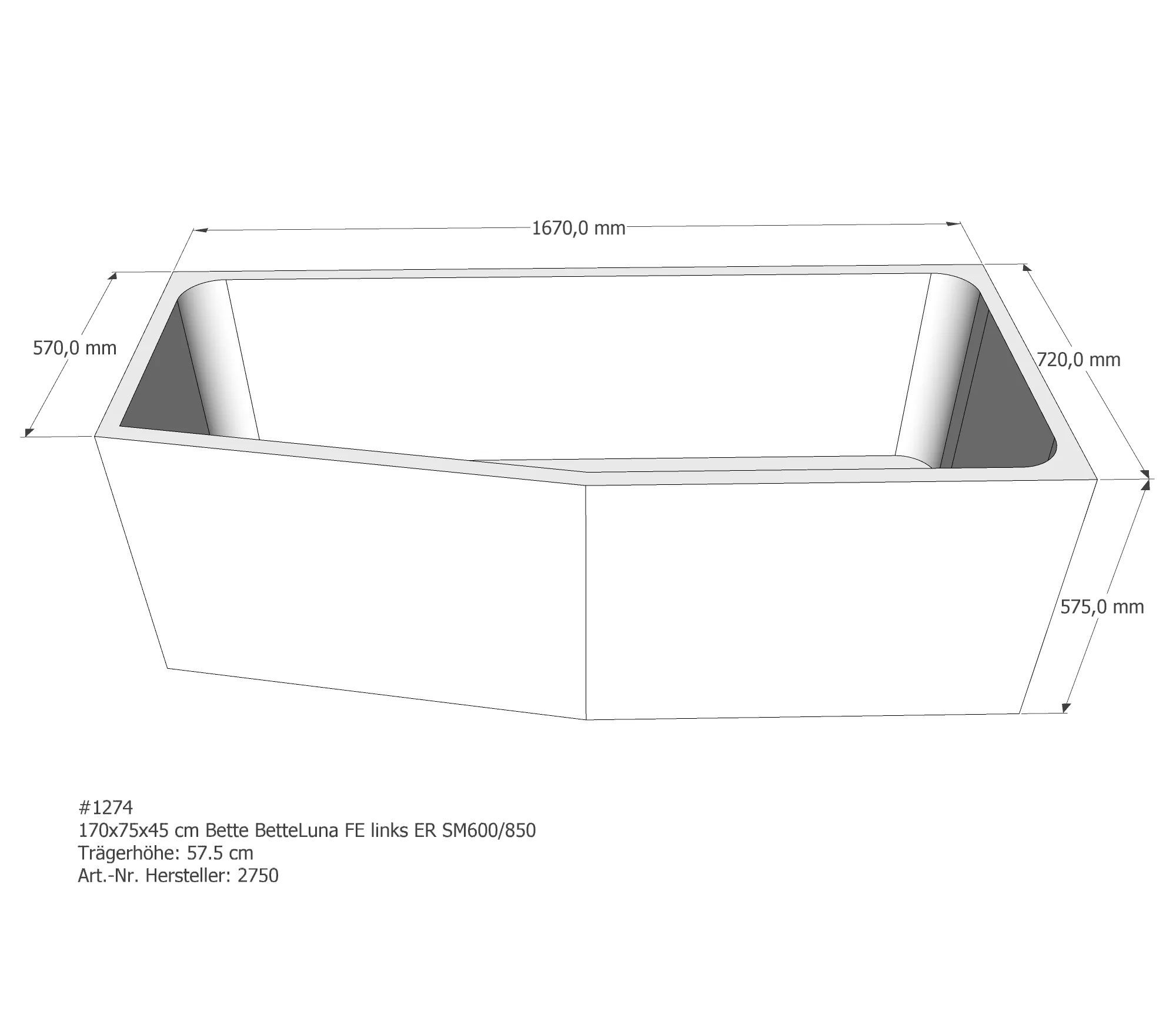 Badewannenträger für Bette Luna links links 170 × 75 × 45 cm Badewannenträger für Bette Luna links links 170 × 75 × 45 cm