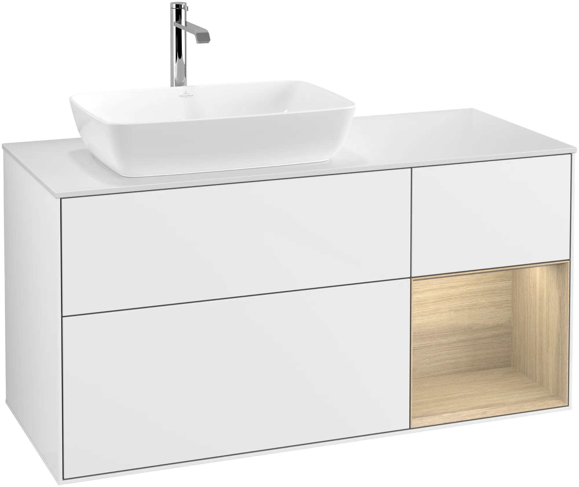Villeroy & Boch Finion Waschbeckenunterschrank F81 1200x603x501mm Glossy White Lacquer / Oak Veneer / Glass White Matt