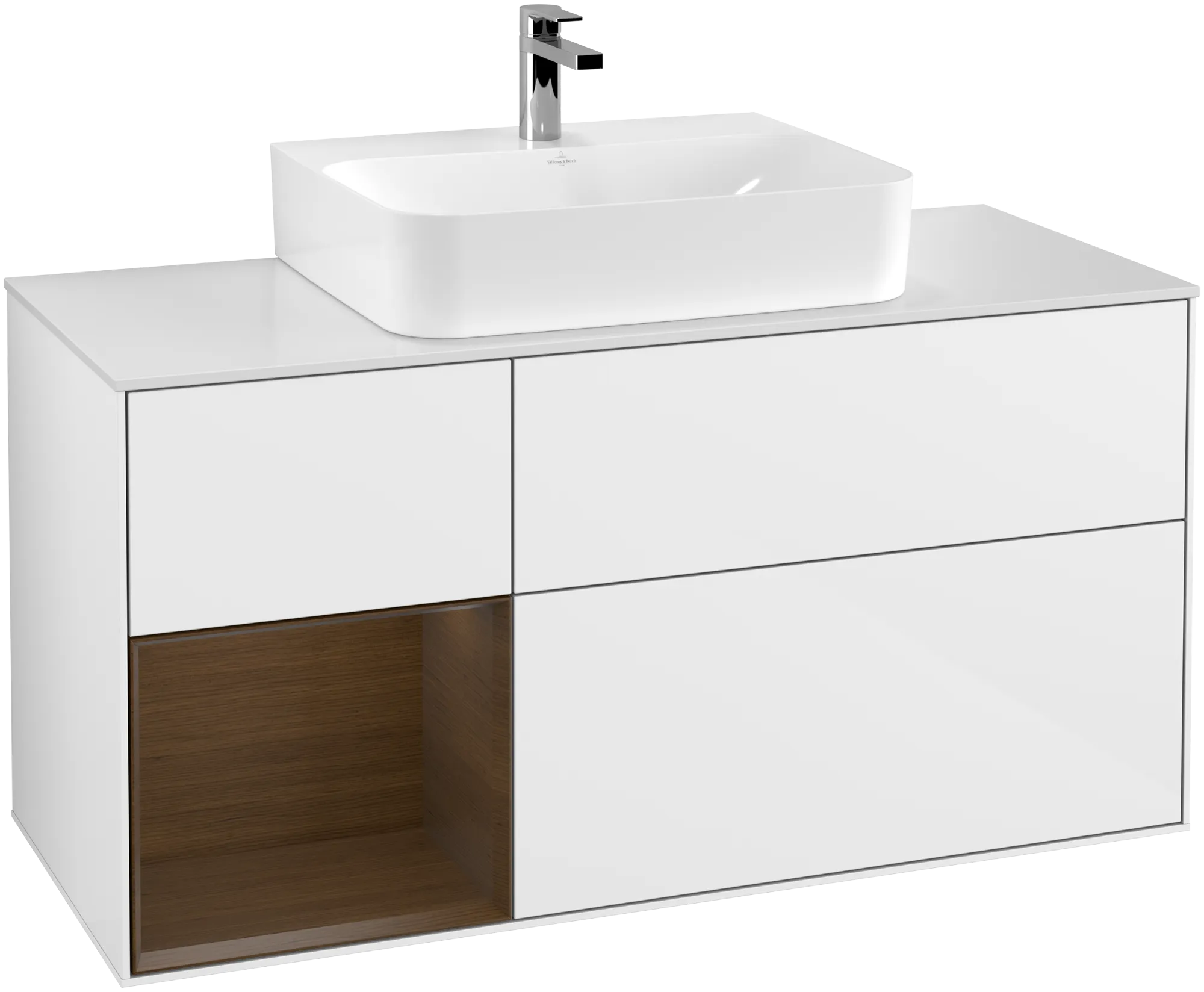 Villeroy & Boch Finion Waschbeckenunterschrank G16 1200x603x501mm Glossy White Lacquer / Walnut Veneer / Glass White Matt