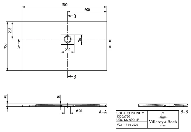 Villeroy & Boch rechteck Duschwanne „Squaro Infinity“ Eck-Einbau rechts gegen Wand 130 × 75 cm