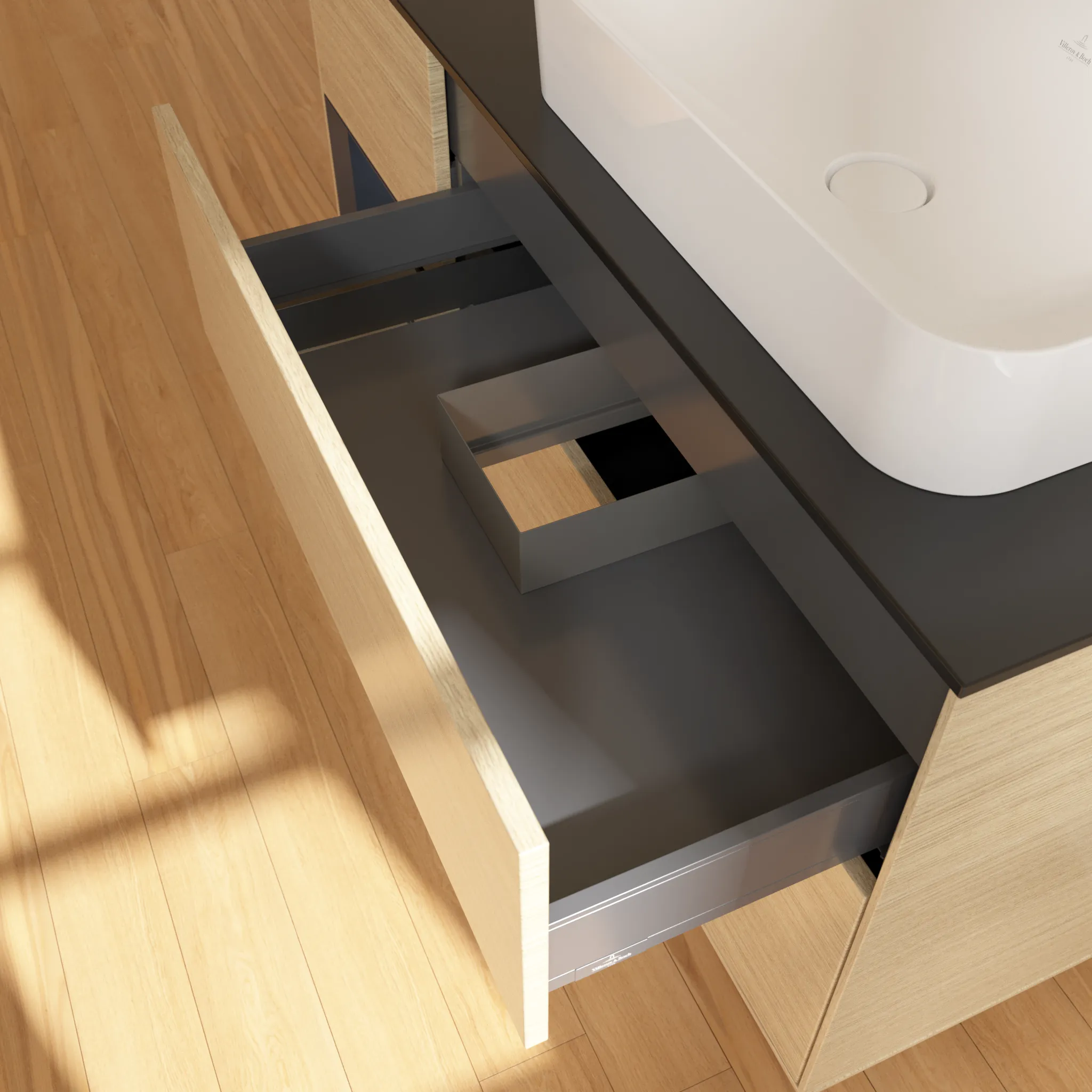 Villeroy & Boch Waschtischunterschrank „Finion“ für Schrankwaschtisch 1200 × 603 × 501 mm Oak Veneer, mit Hahnlochbohrung, für Becken rechts Villeroy & Boch Waschtischunterschrank „Finion“ für Schrankwaschtisch 1200 × 603 × 501 mm Oak Veneer, mit Hahnlochbohrung, für Becken rechts