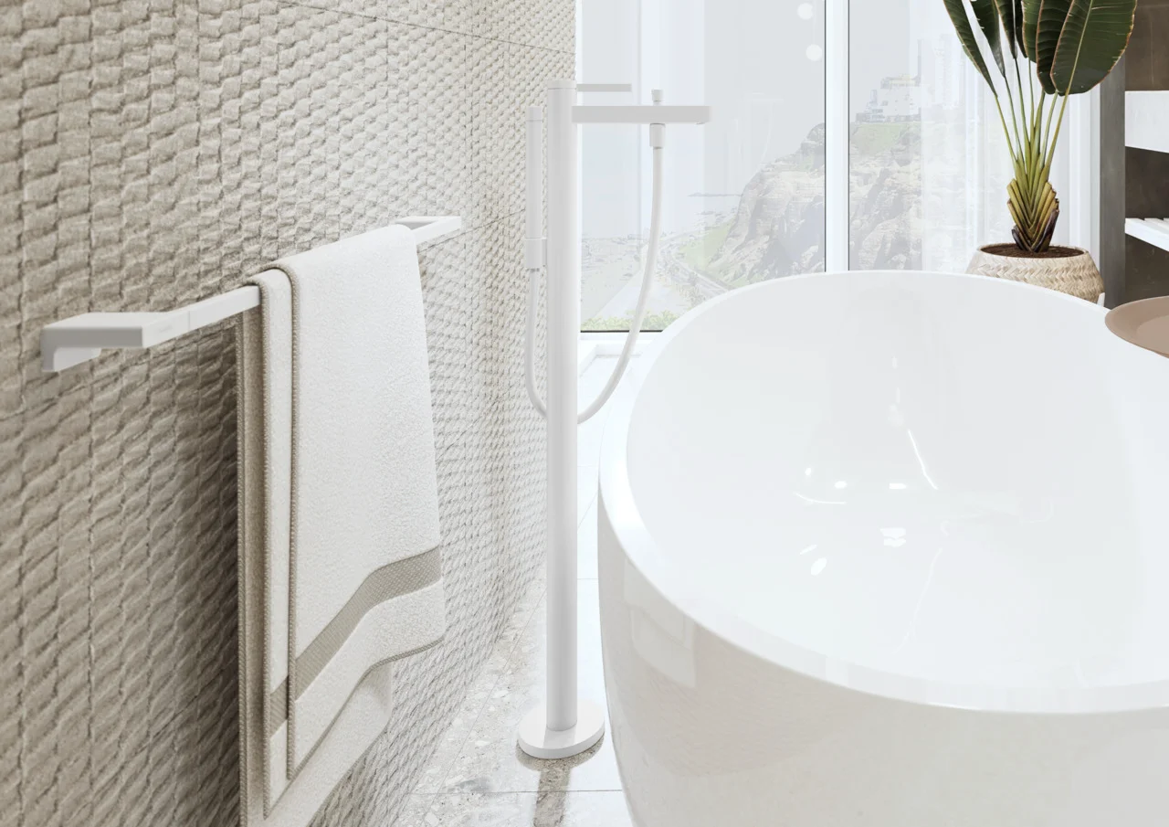 Hansgrohe AddStoris Q Badetuchhalter, mattweiß, 648 mm Länge, Wandmontage mit verdeckter Befestigung
