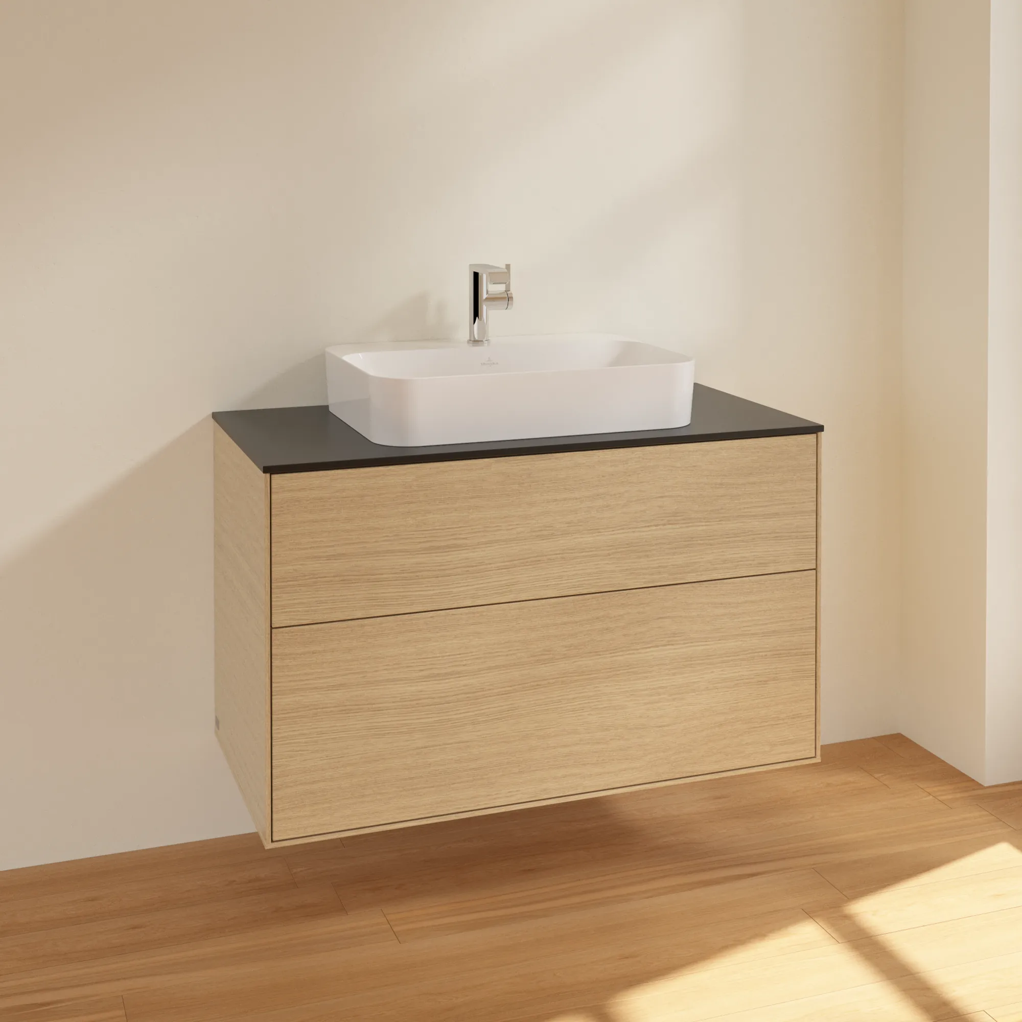 Villeroy & Boch Finion F35 Waschbeckenunterschrank, 1000 x 603 x 501 mm, Eckig, Oak Veneer / Glass Black Matt Villeroy & Boch Finion F35 Waschbeckenunterschrank, 1000 x 603 x 501 mm, Eckig, Oak Veneer / Glass Black Matt