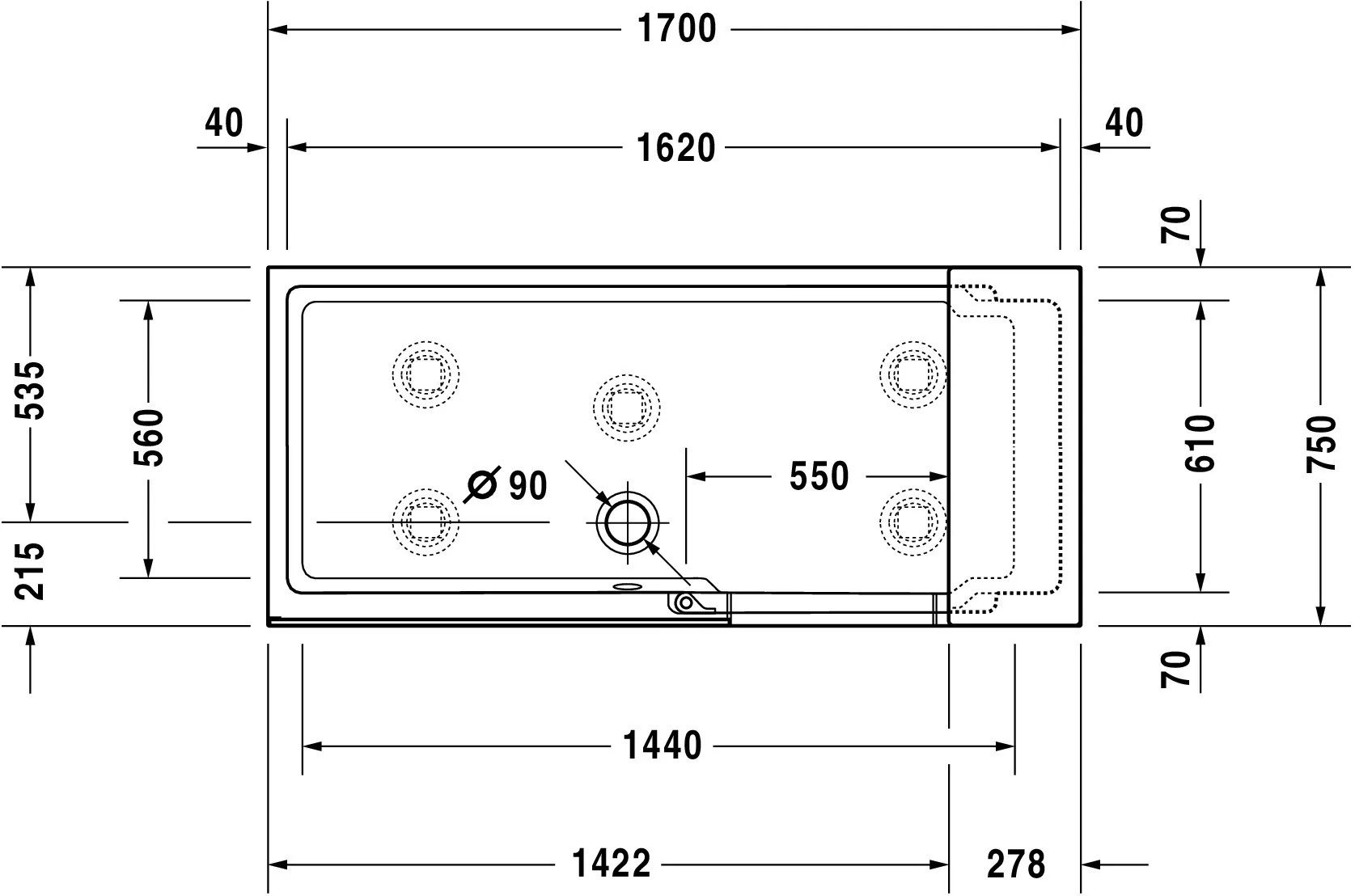 Duravit Badewanne Ecke rechts „Shower and Bath“ rechteck 170 × 170 cm, links