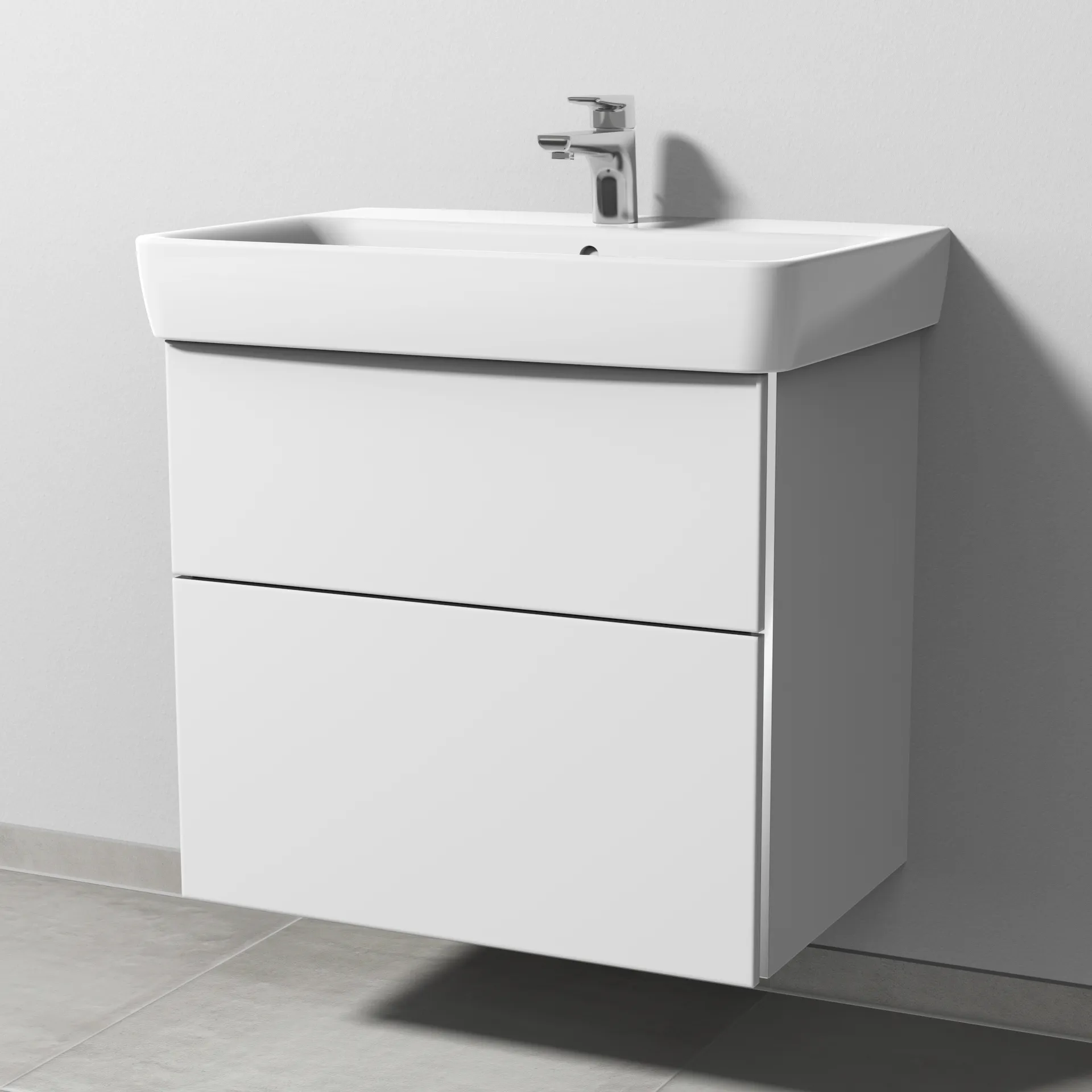 Sanipa Waschtischunterschrank „3way“ passend zu Keramik-Waschtische Renova Plan von Geberit 635 × 588 × 407 mm in Weiß-Soft, Becken mittig