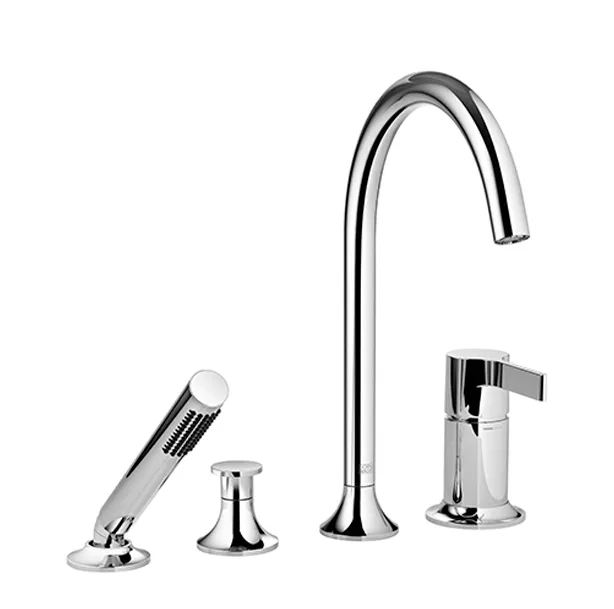 Dornbracht VAIA Wannen-Vierlochbatterie Dark Bronze gebürstet PVD, Auslauf mit rundem luftangereichertem Strahl, Durchfluss max. 18,2 l/min bei 3 bar, Handbrause COMPACT RAIN, Schlauchbrausegarnitur mit Antikalk-System, automatische Umstellung Wanne/Brau