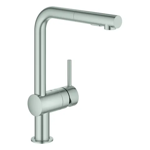 Grohe Minta Einhand-Spültischbatterie, L-Auslauf, Einlochmontage, herausziehbare Dual Spülbrause, supersteel Grohe Minta Einhand-Spültischbatterie, L-Auslauf, Einlochmontage, herausziehbare Dual Spülbrause, supersteel