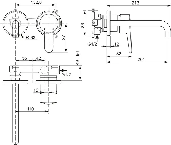 Wand-Waschtischarmatur ConnectBlue, Bausatz2, 2 Rosetten Durchmesser: 83mm, Ausladung 204mm, Chrom Wand-Waschtischarmatur ConnectBlue, Bausatz2, 2 Rosetten Durchmesser: 83mm, Ausladung 204mm, Chrom