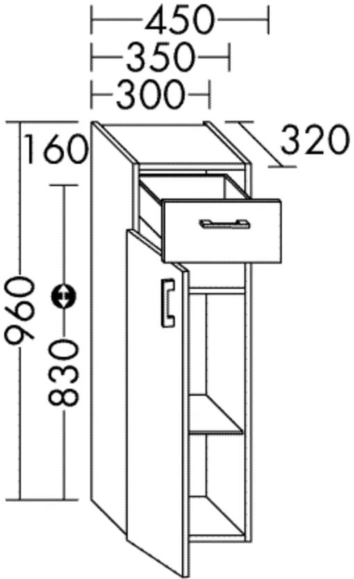Halbhoher Schrank Sys30 von burgbad – 1 Schublade, 1 Tür, 2 Glaseinlegeböden, 300 mm breit, 320 mm tief, 960 mm hoch