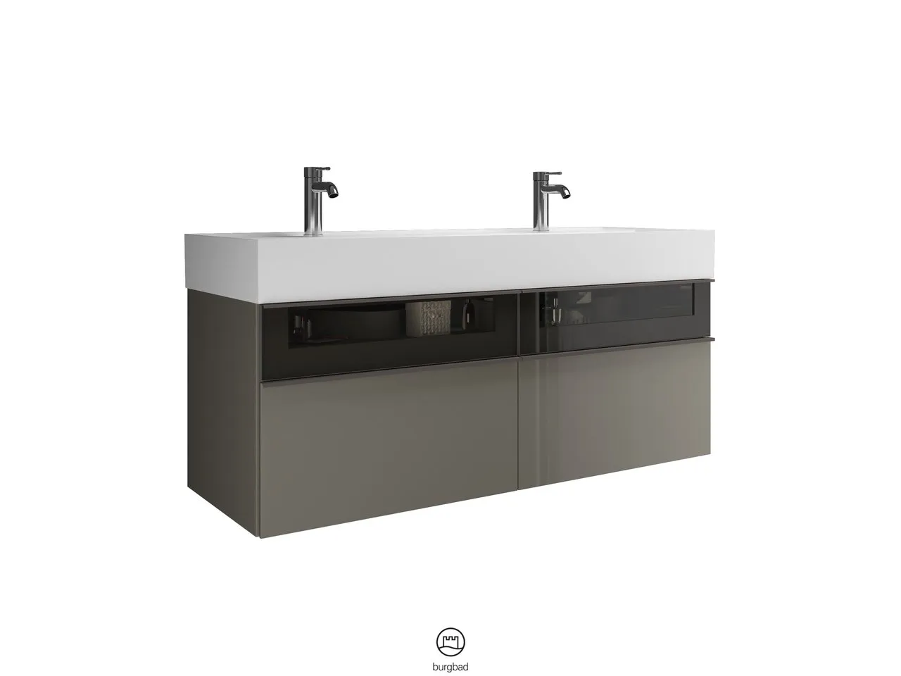 Mi-Waschtisch inkl. WTU Yumo von burgbad – Mineralguss, 470x1315x610 mm, 2 Schubladen, Rauchglaseinsatz Mi-Waschtisch inkl. WTU Yumo von burgbad – Mineralguss, 470x1315x610 mm, 2 Schubladen, Rauchglaseinsatz