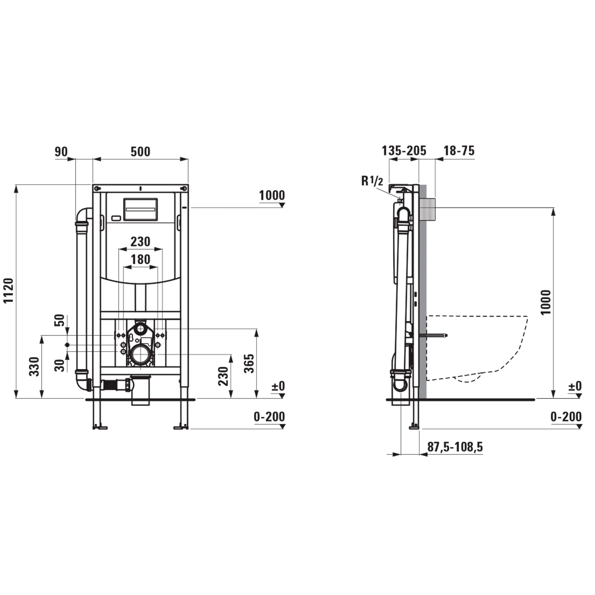 Installationselement INEOLINK mit Spülkasten und Belüftungsventil für Ablauf für Wand-WC und Dusch-WC, Bauhöhe 1120mm, Stahlrahmen, Füße höhenverstellbar und drehbar, Spülkasten mit einstellbarem Spülstromregler (EN 14055), für Frontbetätigung