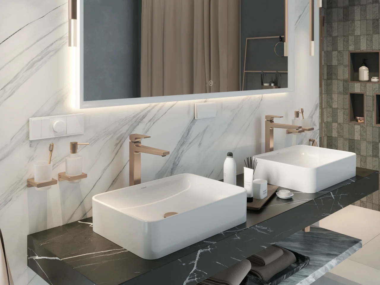 Hansgrohe Xarita E Spiegel 1600/700/50 mm mit LED-Beleuchtung, kapazitivem Berührungssensor und AntiFog-Funktion in Mattweiß