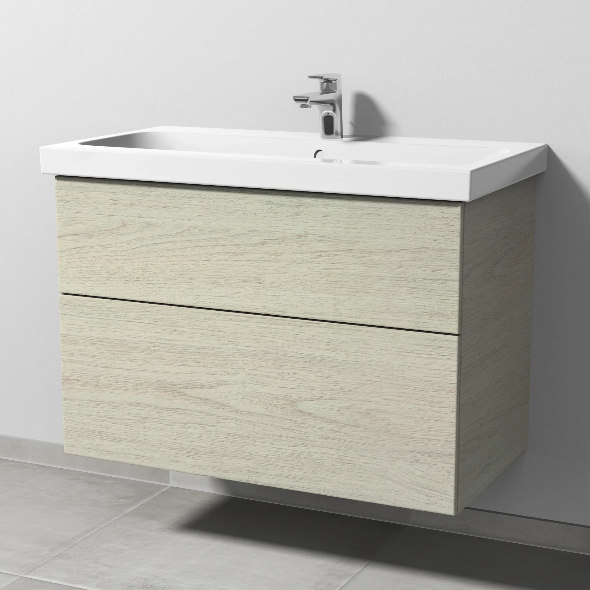 Sanipa Waschtischunterschrank „3way“ passend zu Keramik-Waschtische iCon Light von Geberit 850 × 591 × 462 mm in White Oak, Becken mittig, mit