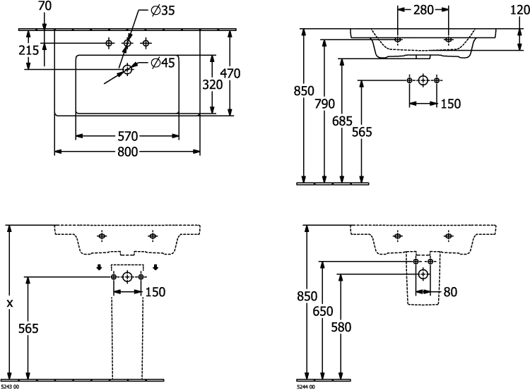 Villeroy & Boch Wandwaschtisch aus TitanCeram „Subway 3.0“ 800 × 470 × 165 mm, ohne Hahnlochbohrung, Hahnlochposition mittig in Weiß Alpin Villeroy & Boch Wandwaschtisch aus TitanCeram „Subway 3.0“ 800 × 470 × 165 mm, ohne Hahnlochbohrung, Hahnlochposition mittig in Weiß Alpin